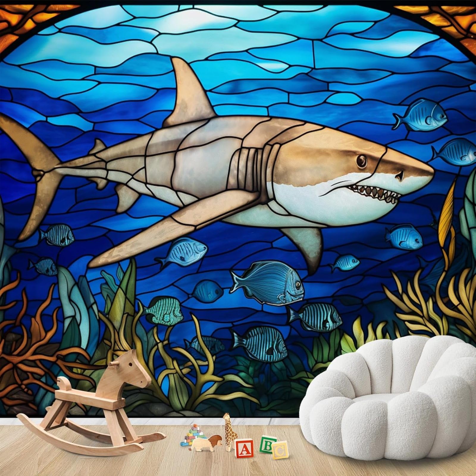 hgjdjhnf Photo Wallpaper Stained Glass Shark Underwater Animals Non-Woven ModernWallpaper Living Room Bedroom Children's RoomDecoration Motif Wallpaper,200cmx140cmSticker - Background-