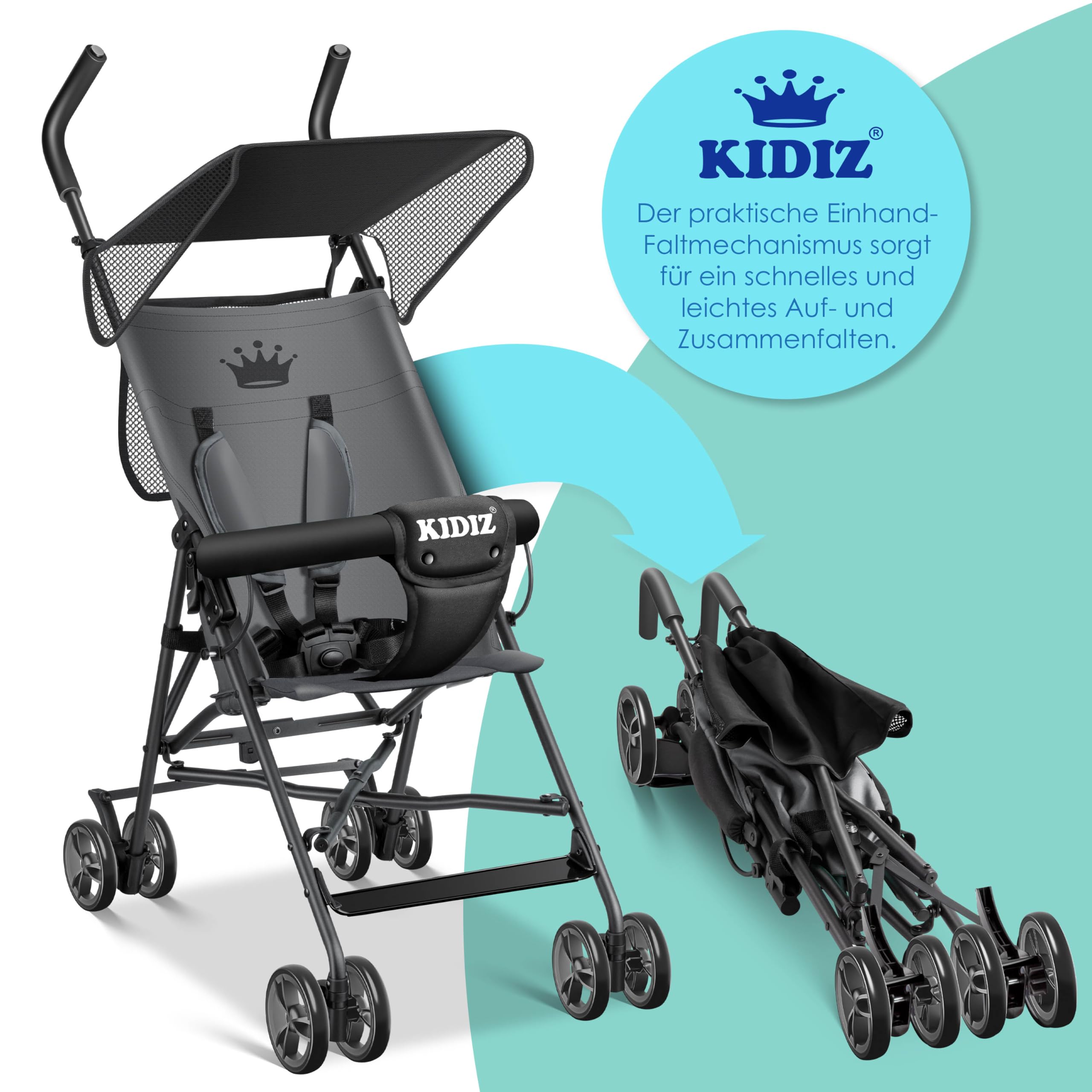 KIDIZ® Kinderwagen CITY Buggy Kinderbuggy klappbar Sportwagen Faltbar 360° 4-Zoll-Räder Inkl. Sonnen- und Regenverdeck zusammenklappbar 5-Punkt-Sicherheitsgurt ab 6 Monate, Anthrazit
