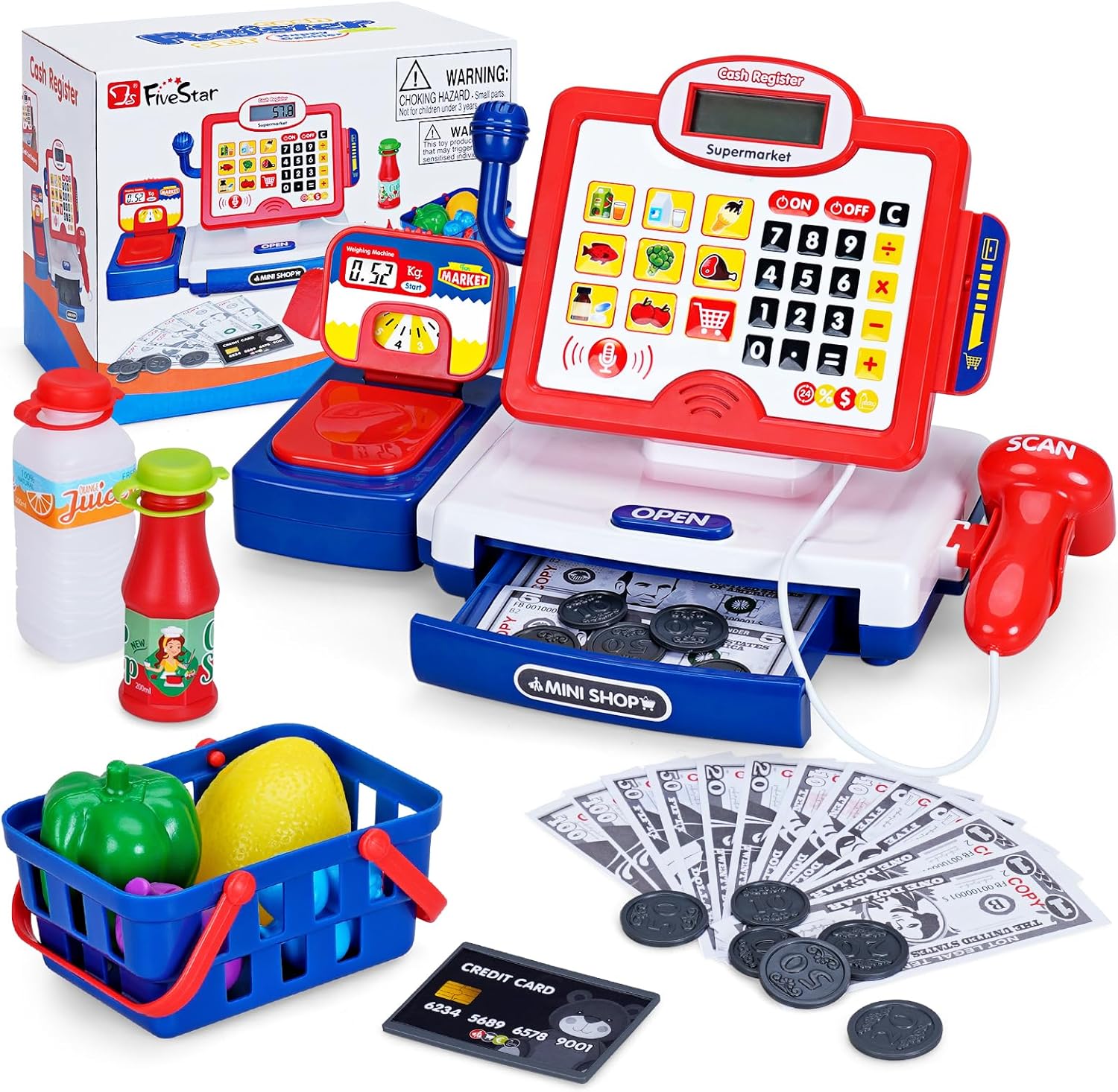 FS Toy Cash Register for Kids with Scanner, Play Money, Credit Card, Shopping Basket, Pretend Play Toys for Toddler 3-5-7 Years Old Boys and Girls Preschool Learning Activities