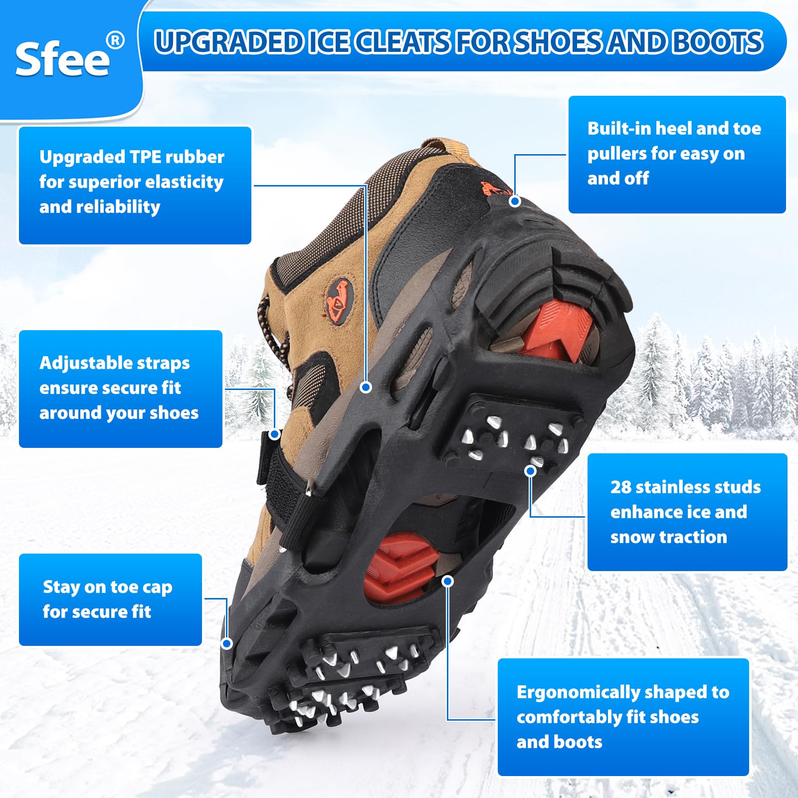 Sfee Crampons à glace pour chaussures et bottes, 28 crampons en acier ultra adhérents pour homme et femme, antidérapants, pour chaussures et bottes pour la marche, la randonnée, l'escalade, la pêche