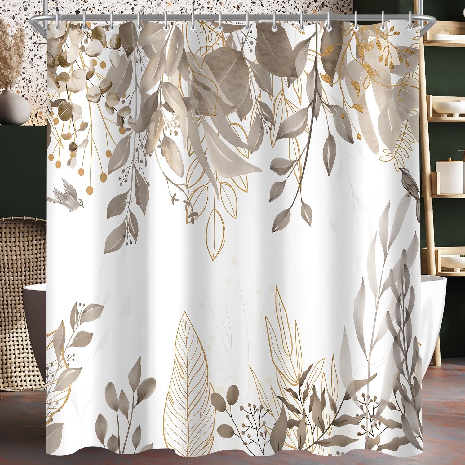 Lerores Cortina de ducha de 180 x 200 cm, color gris, hojas de otoño, dobladillo con peso, antideslumbrante, resistente al agua, lavable, de poliéster con ojales y 12 anillos de cortina de ducha para