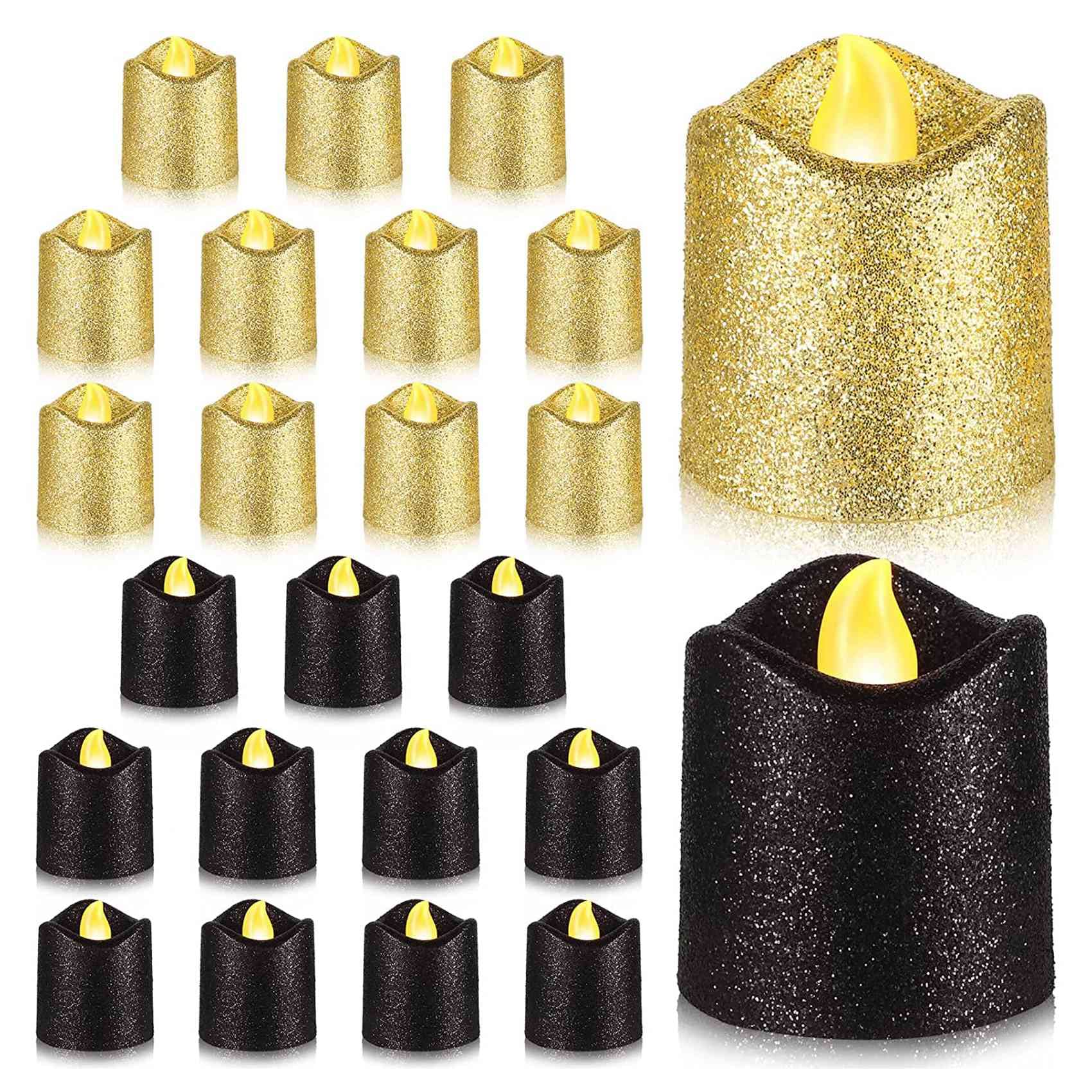 Tassety 24 Packs Gold Flameless Votive Candles Black Glitter LED Tealights Battery Operated Tea Lights Warm Yellow Light Holder