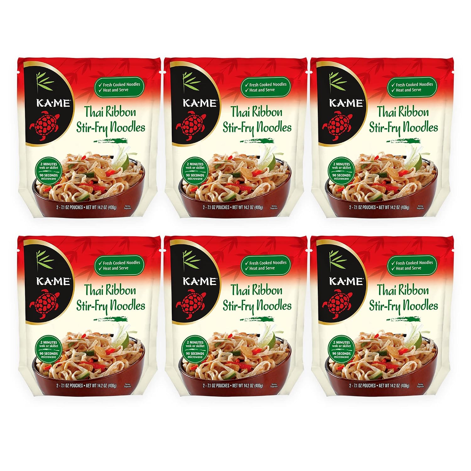 KA-ME Thai Ribbon Noodles 14.2 oz (6 Packs) - Asian Ingredients and Flavors, No Preservatives or MSG, Instant & Microwaveable, Served with Salads, Stir Frys, Soups and Many More