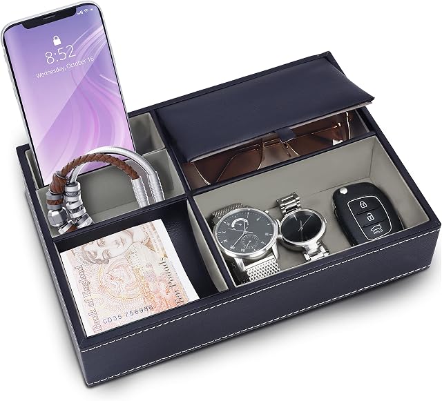 BELLE VOUS Navy Faux Leather 5 Compartment Valet Dresser/Nightstand Organiser Tray - Desk Storage Box For Wallet, Phone, Keys, Jewellery, Men's Accessories, Money, Cufflinks- Catchall Box for Bedside