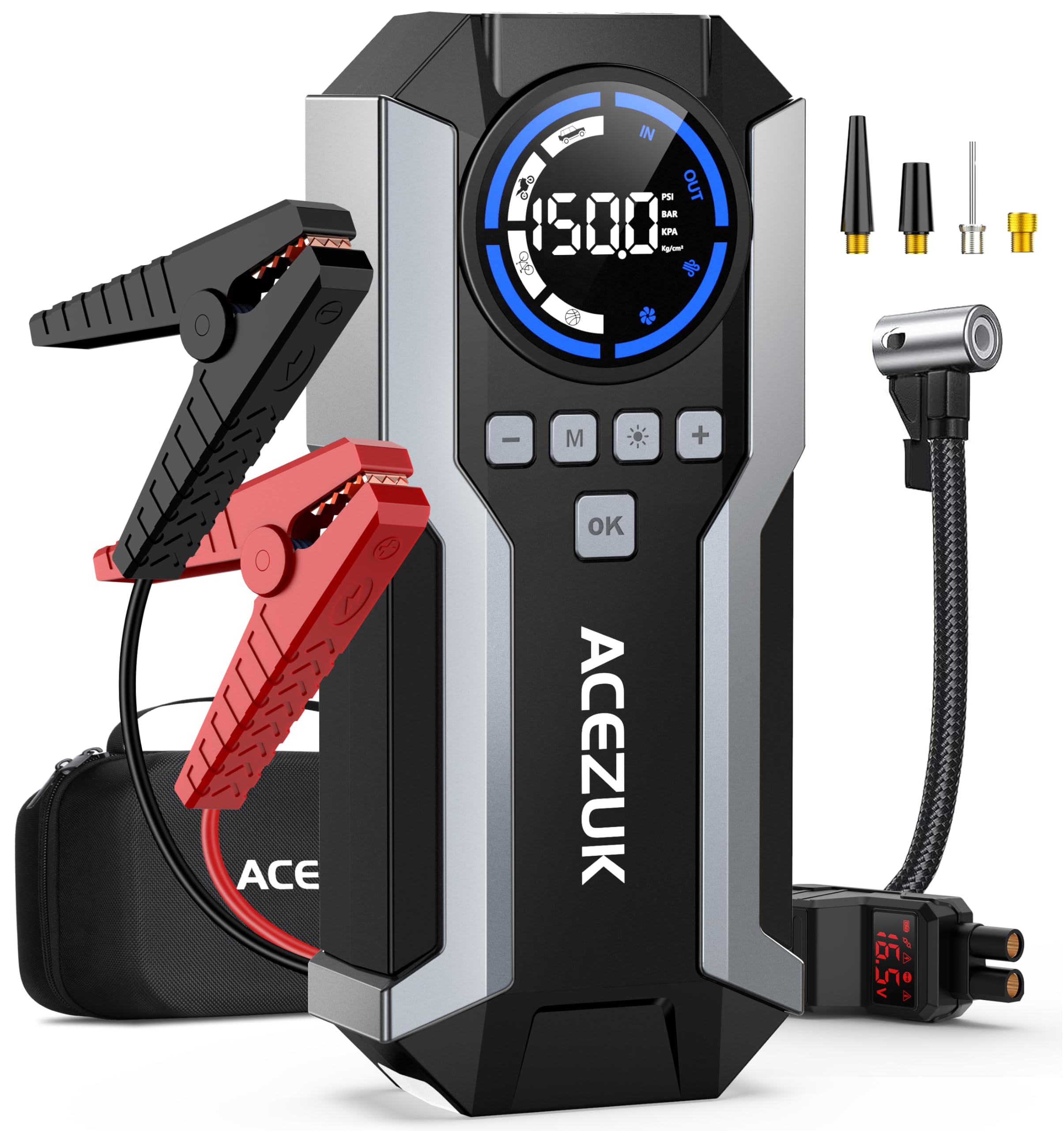Jump Starter with Air Compressor, 8000A 150PSI Car Jump Starter (All Gas/10.0L Diesel), 12V Battery Jump Starters, Portable Jumper Cables, LCD Display and LED Lights