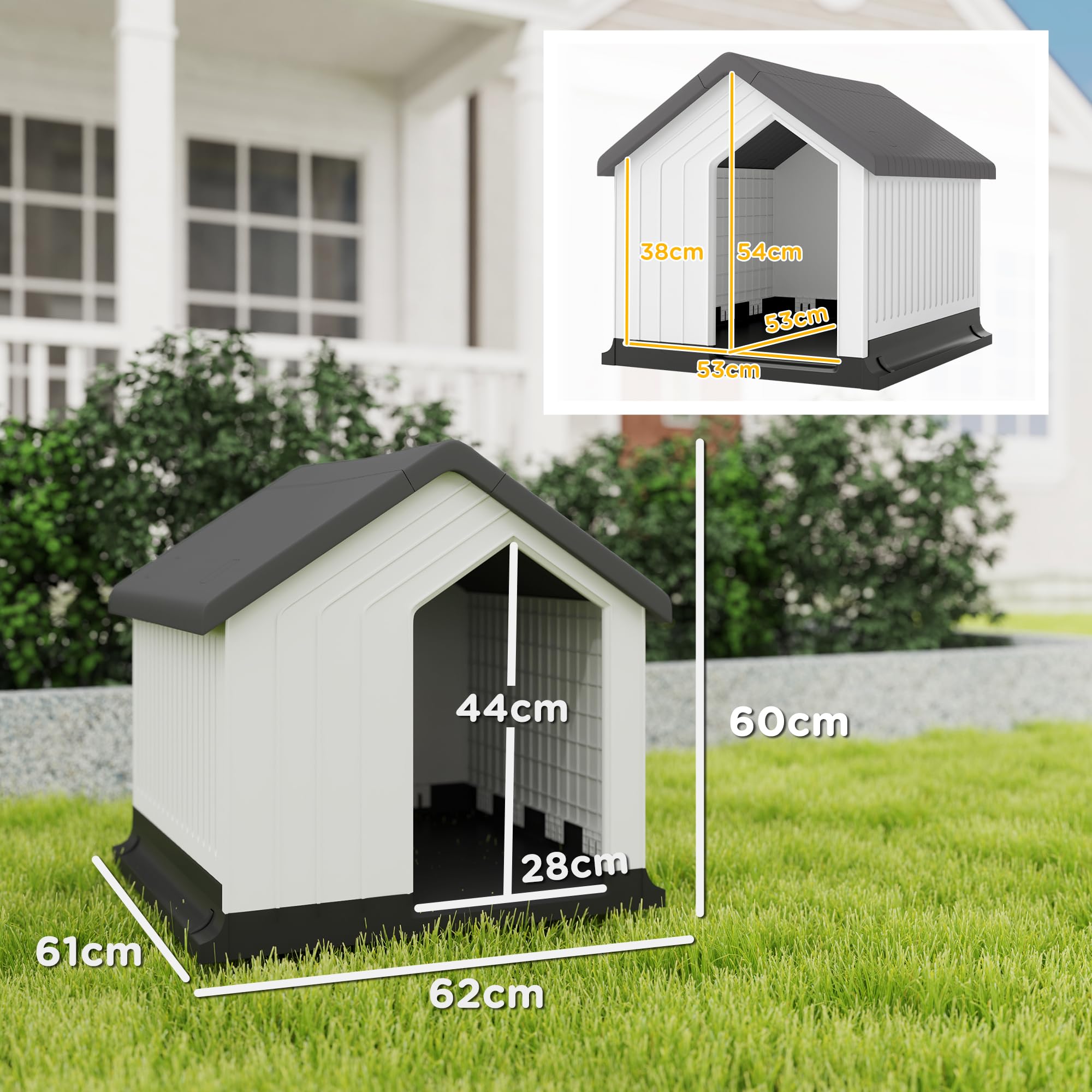 PawHut Casetta per Cani da Esterno Impermeabile Porta 62x61x60 cm Grigio | Cuccia per Cani Piccoli e Mini fino a 10 kg, con Finestra, Facile da Montare