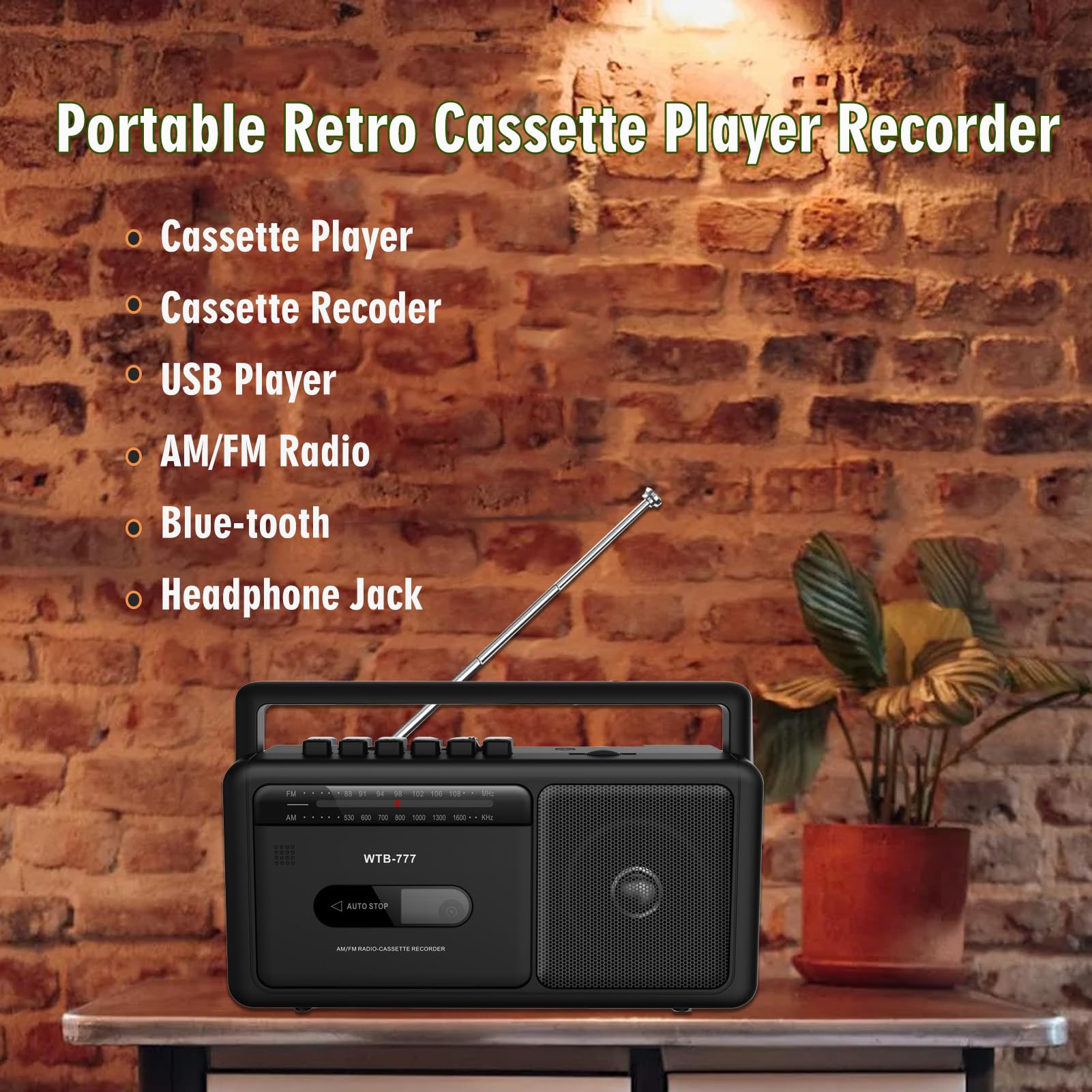 Baladeur Cassette,Lecteur de Cassettes Portable, Radio stéréo AM/FM Vintage avec Bluetooth, USB, Prise Casque, enregistreur Cassette Portable pour la Maison ou l'extérieur