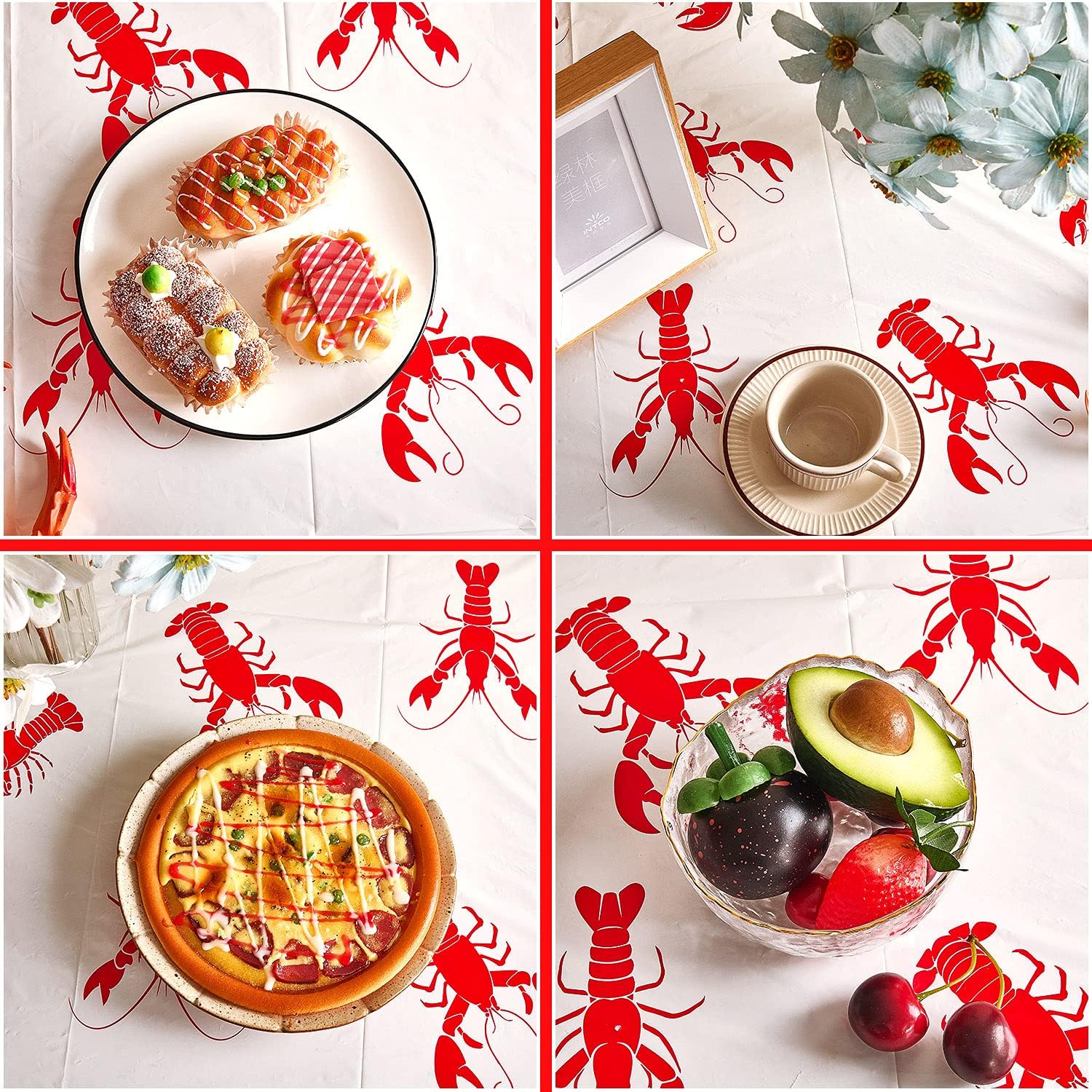 Touman 4 Pieces Crawfish Tablecloth Birthday Party Lobster Table Covers White and Red Crawfish Table Cloth for Party Decoration Supplies, 108 x 54 Inches