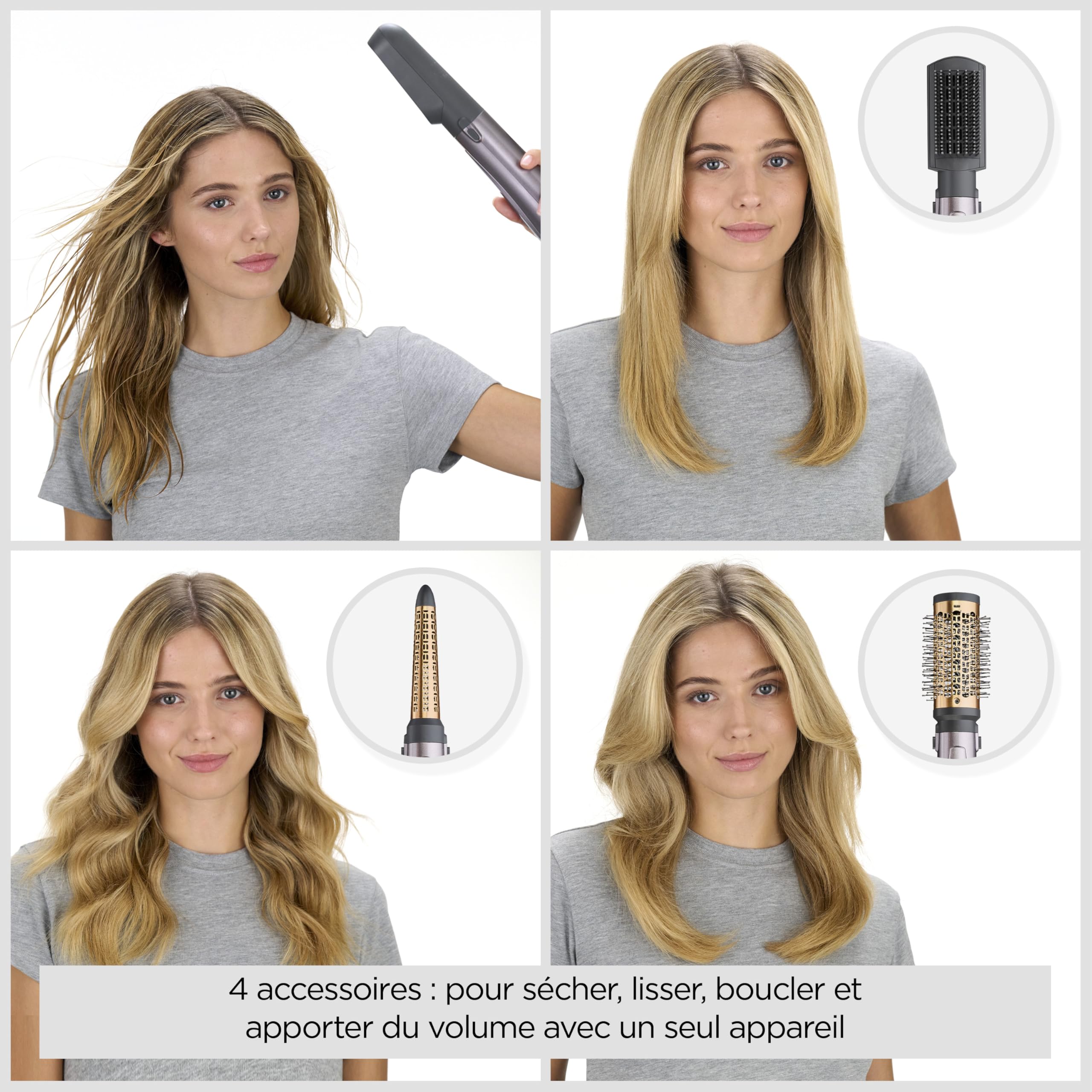 BaByliss Brosse soufflante Air Style 1000 - Brosse soufflante Tout en Un : séchage, volume, lissage et boucles, Technologie ionique Anti-Frisottis , 4 Accessoires, Cuivre/Gris, AS136E