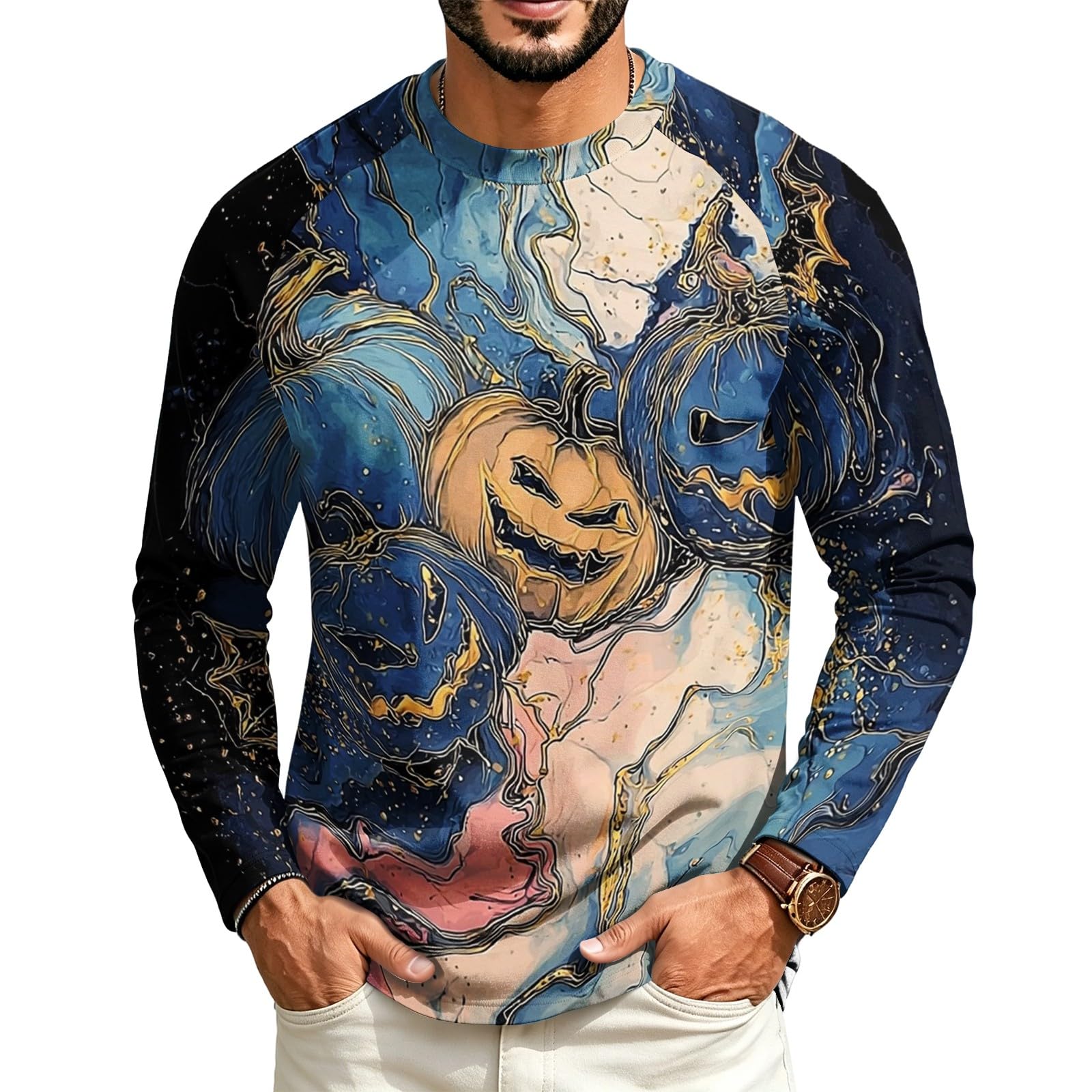 Halloween Crew Neck Shirts Costumes for Men Long Sleeve Fit Pumpkin Ghosts Print Casual Fashion Tops 2026,01-Purple 3XL — image 1