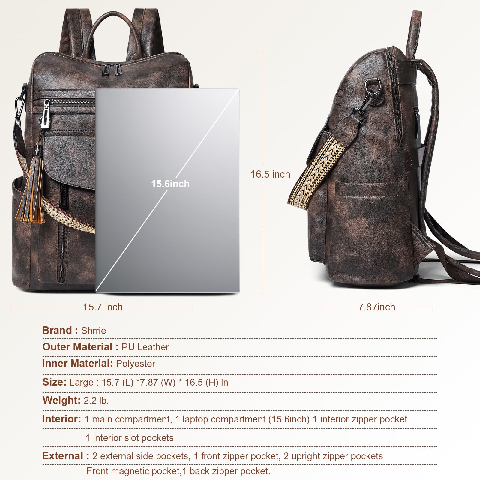 Shrrie laptop-zaino per le donne, 15,6 pollici viaggio-zaino in pelle, bagaglio a mano-zaino borsa per computer waterrepellent per college lavoro aziendale tempo libero Tagesrucksack