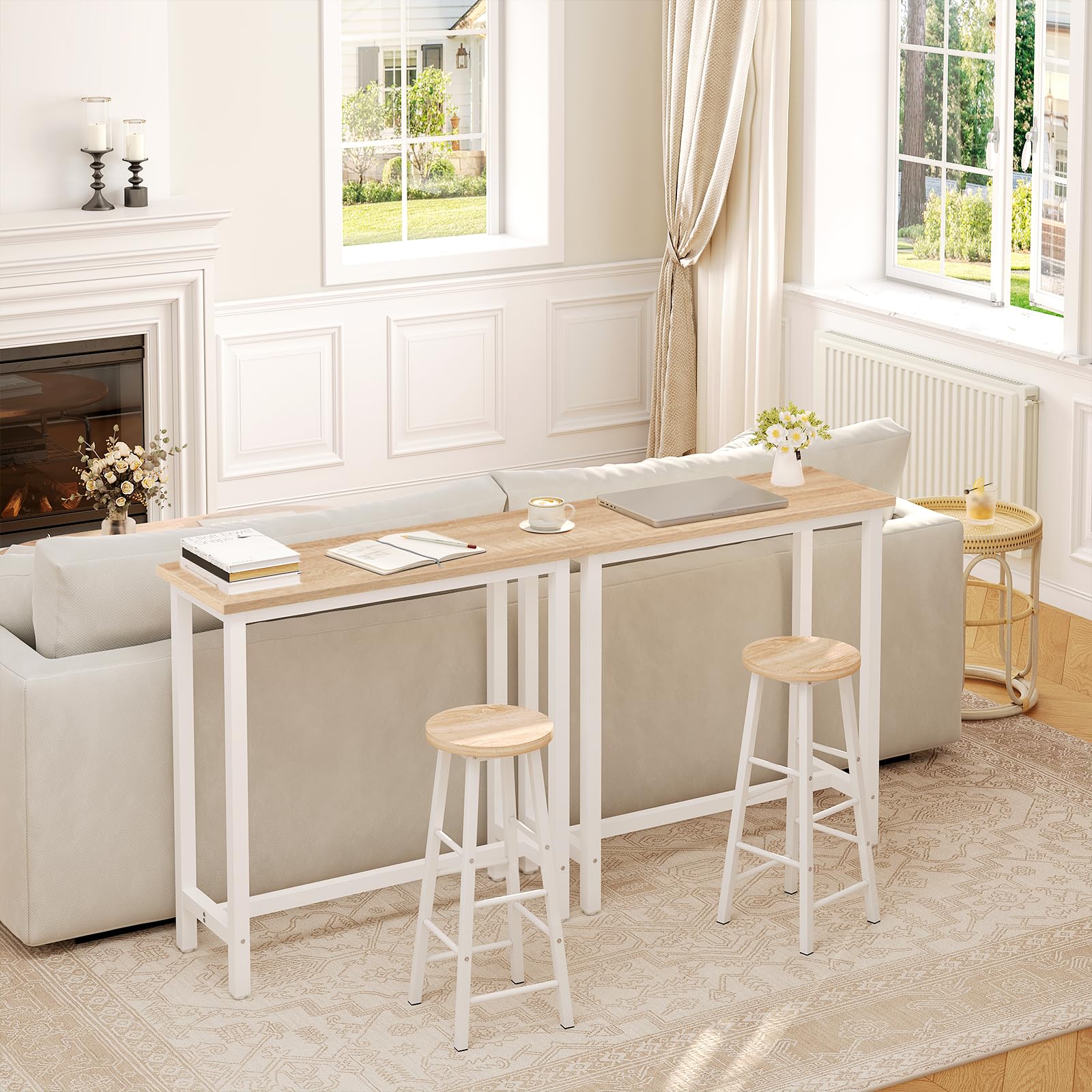 WOLTU Table de Bar Étroite et Haute 100x40x100cm, Table à Manger avec Structure en Métal, Robuste, Chêne Clair
