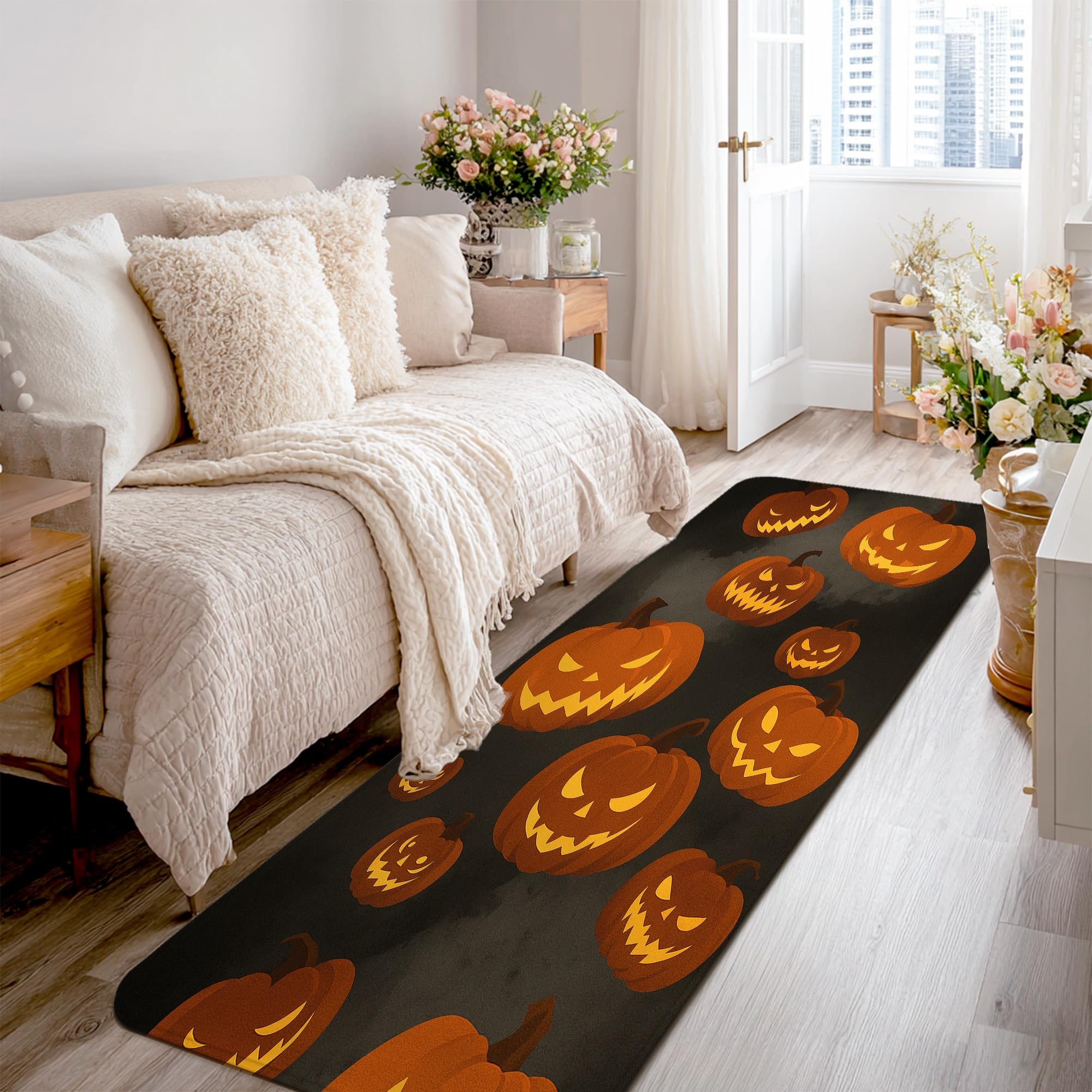 Tapis de couloir citrouille orange à poils ras pour décoration de chevet et cuisine