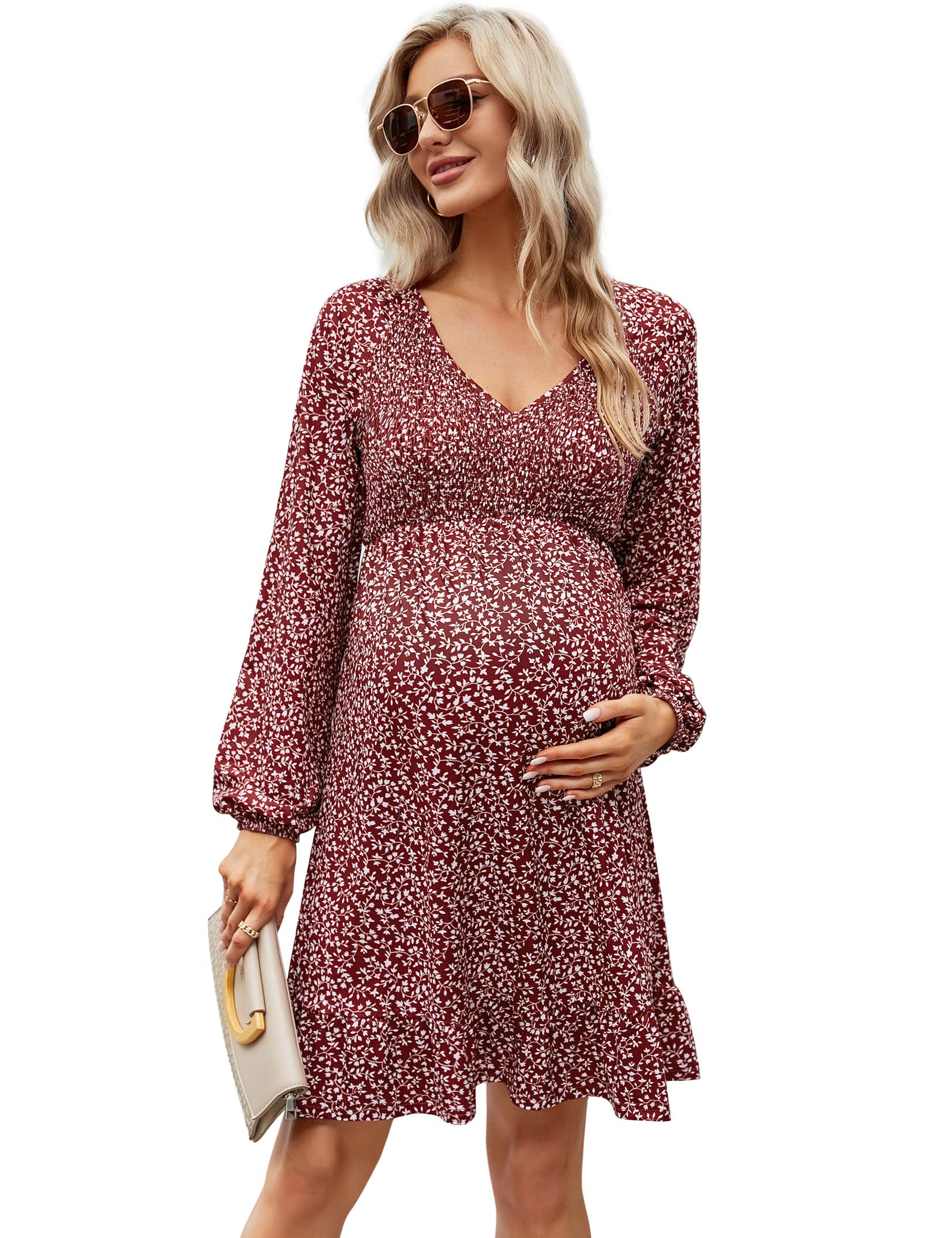 flowy dress postpartum 2024 Maternity Tie Front Ruched Nursing – A-Line Long Sleeve V-Neck Swing Maxi For Pregnancy & w.printed