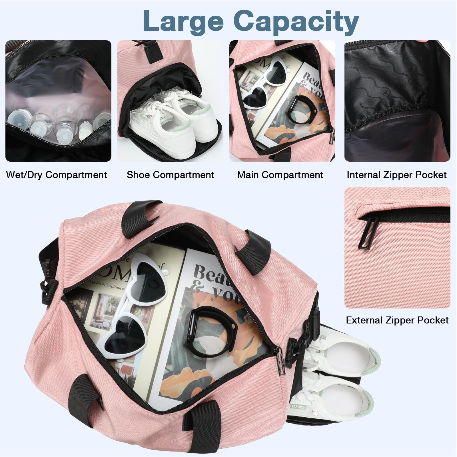 Romon Sac de Sport 22L Rose Imperméable Compartiment Chaussures Bandoulière Réglable