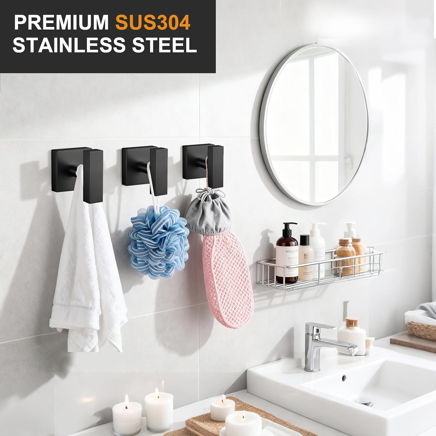 Matte Black Towel Hooks for Bathrooms, SUS304 Stainless Steel Shower Towel Hooks, Heavy Duty Robe Hook for Bathroom Kitchen, Square Coat Hooks for Hanging Towels,Coat,Robe&Sponge, Wall Mounted, 4Pack