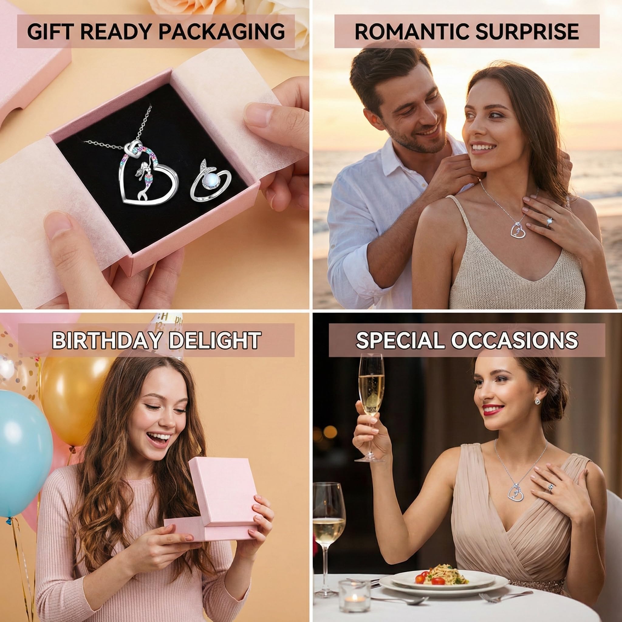 Collana Sirena con Anello a Forma di Coda e Scatola Regalo Rosa per Bambina