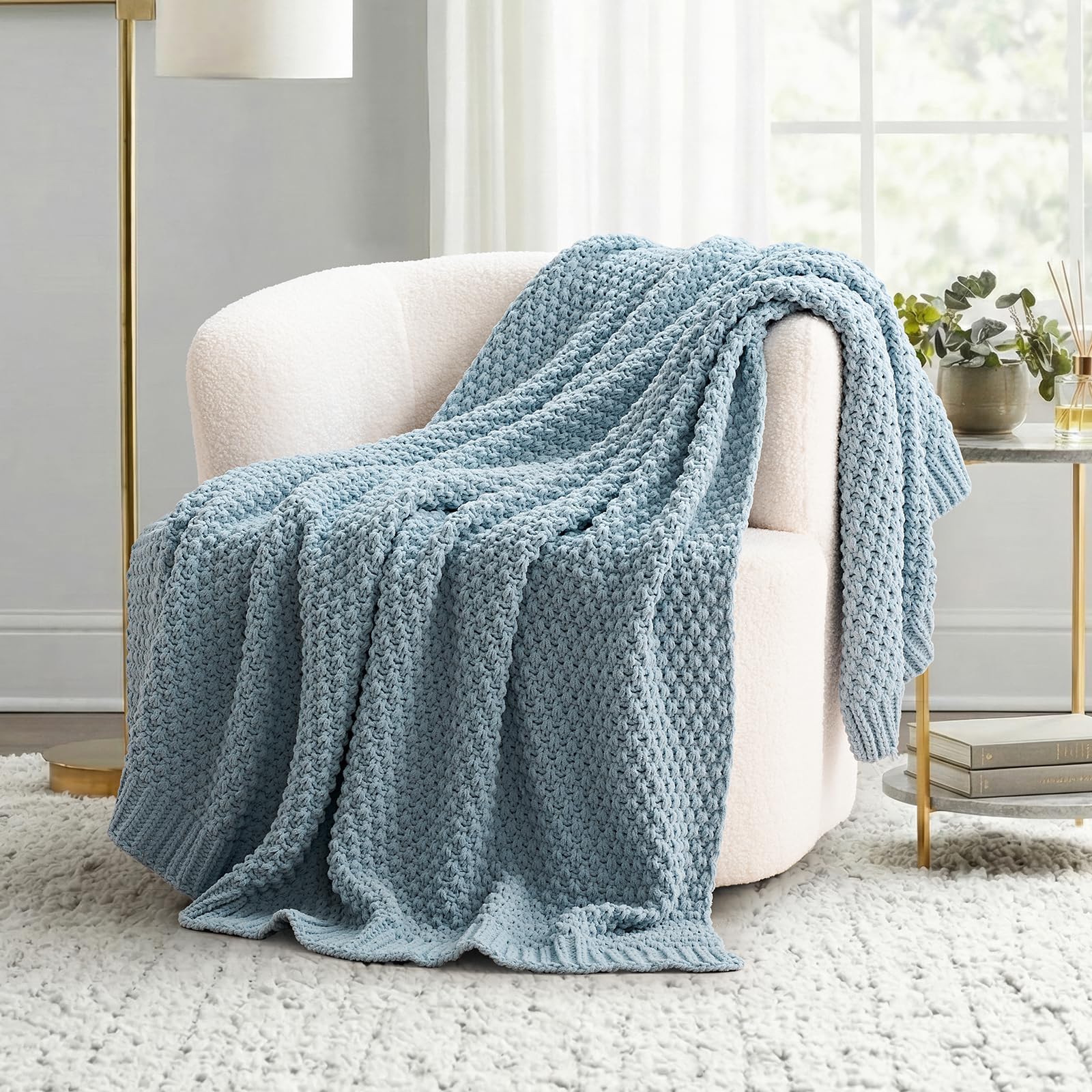 EVERGRACEHOME Chunky Chenille Knit Throw Blanket for Couch, Soft Luxurious Moss Stitch Blankets for Bed, Cozy Decorative Farmhouse Knitted Throws for Sofa, Chambray Blue, 50" x 60"