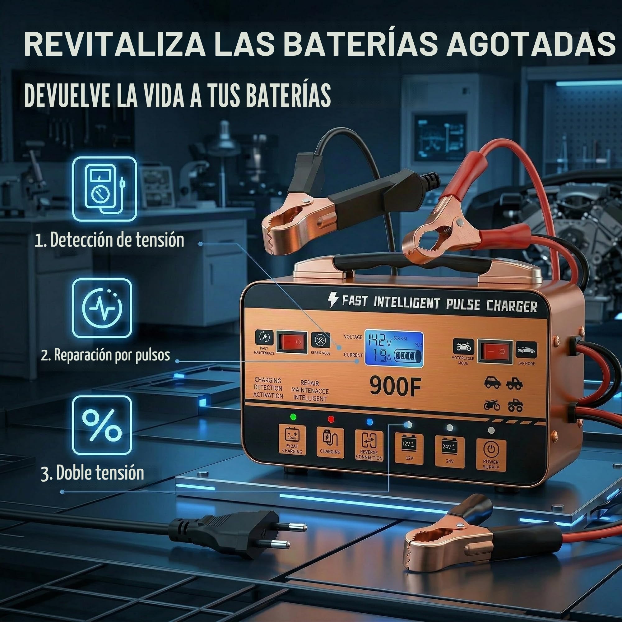 Cargador de batería 12 V 24 V Pulso inteligente – Cargador de reparación automático con modo verano y protección de 6 vías, para coche, camión, moto, scooter y barco