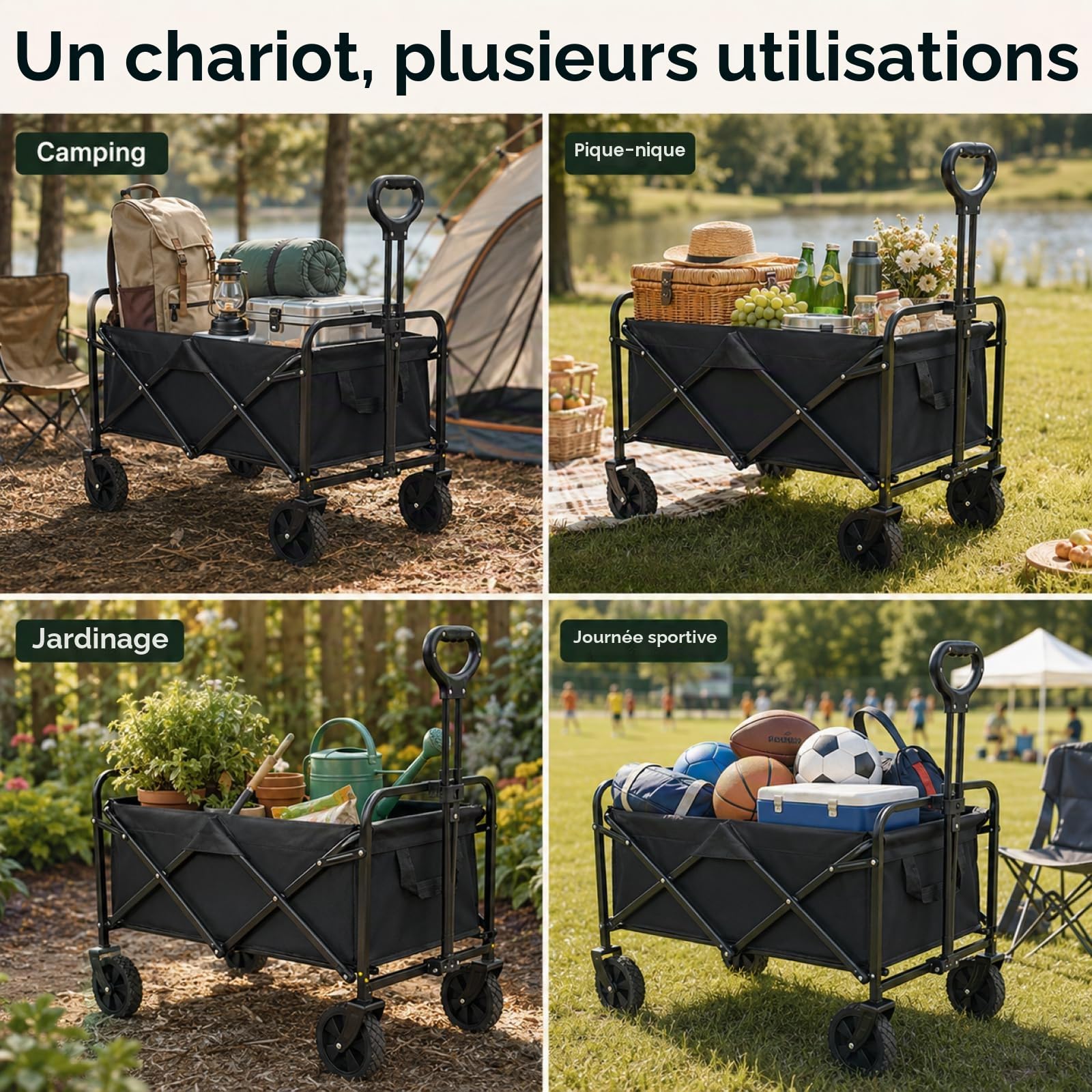Surface de charge de 150 kg - Chariot de plage pliable - Grande capacité - Portable - Pour jardin, camping, festival