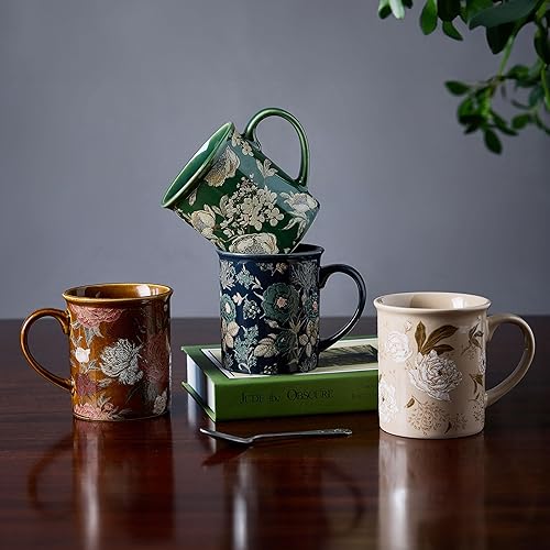 Miniatura 2 de Juego de 4 tazas de café de cerámica de 12 onzas con diseño floral, lavar a mano, microondas, caja de regalo, perfectas para capuchino, café con