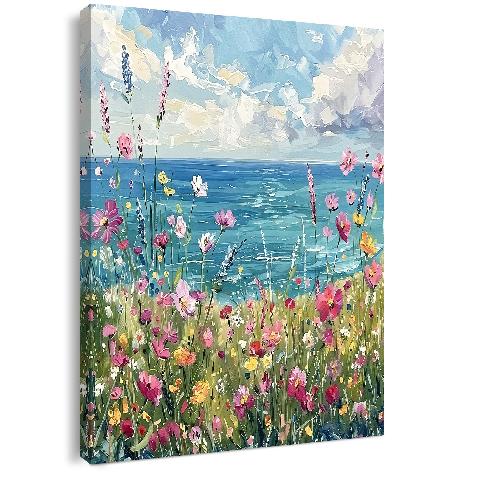 Canvas Wall Art Framed – Coastal Wildflower Meadow Artwork Colourful Seaside Oil Painting Style Wall Decor for Living Room Bedroom Hallway or Entryway Home Decoration with Hooks and Nails 12x16 Inch — image 1