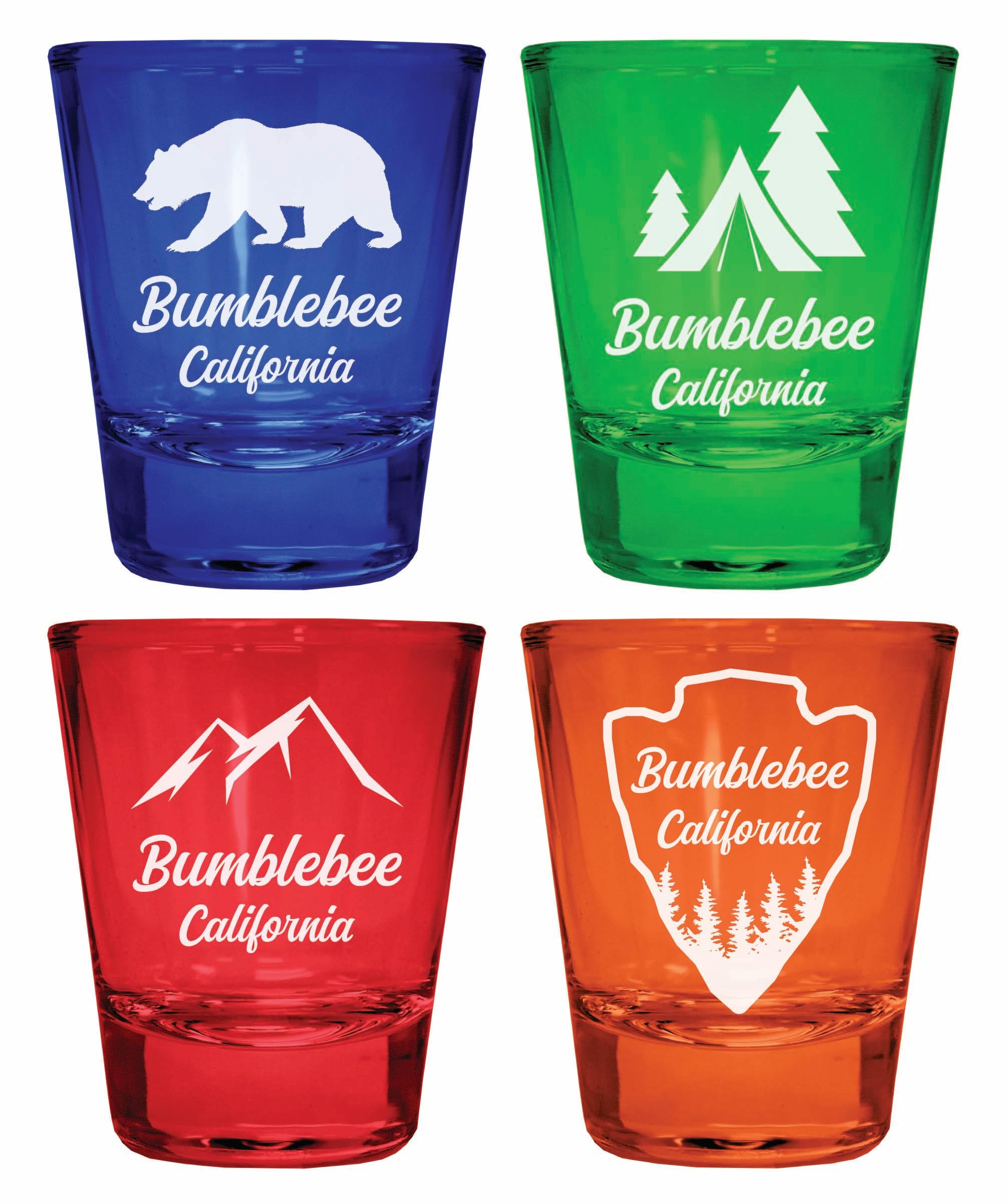 Bumblebee California Souvenir 4-Pack Multicolor Engraved Round Shot Glasses Camping and Outdoors Set