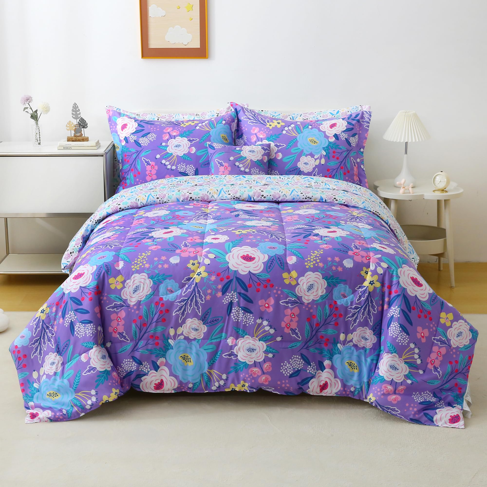 Mooreeke Kids Twin Comforter Sets for Boys Girls 6 Pieces Purple Floral Bedding Set for Teens Microfiber Flowers Kids Bed in A Bag with Comforter, Sheet Set, Shams and Decorative Toy Pillow All Season-image-12