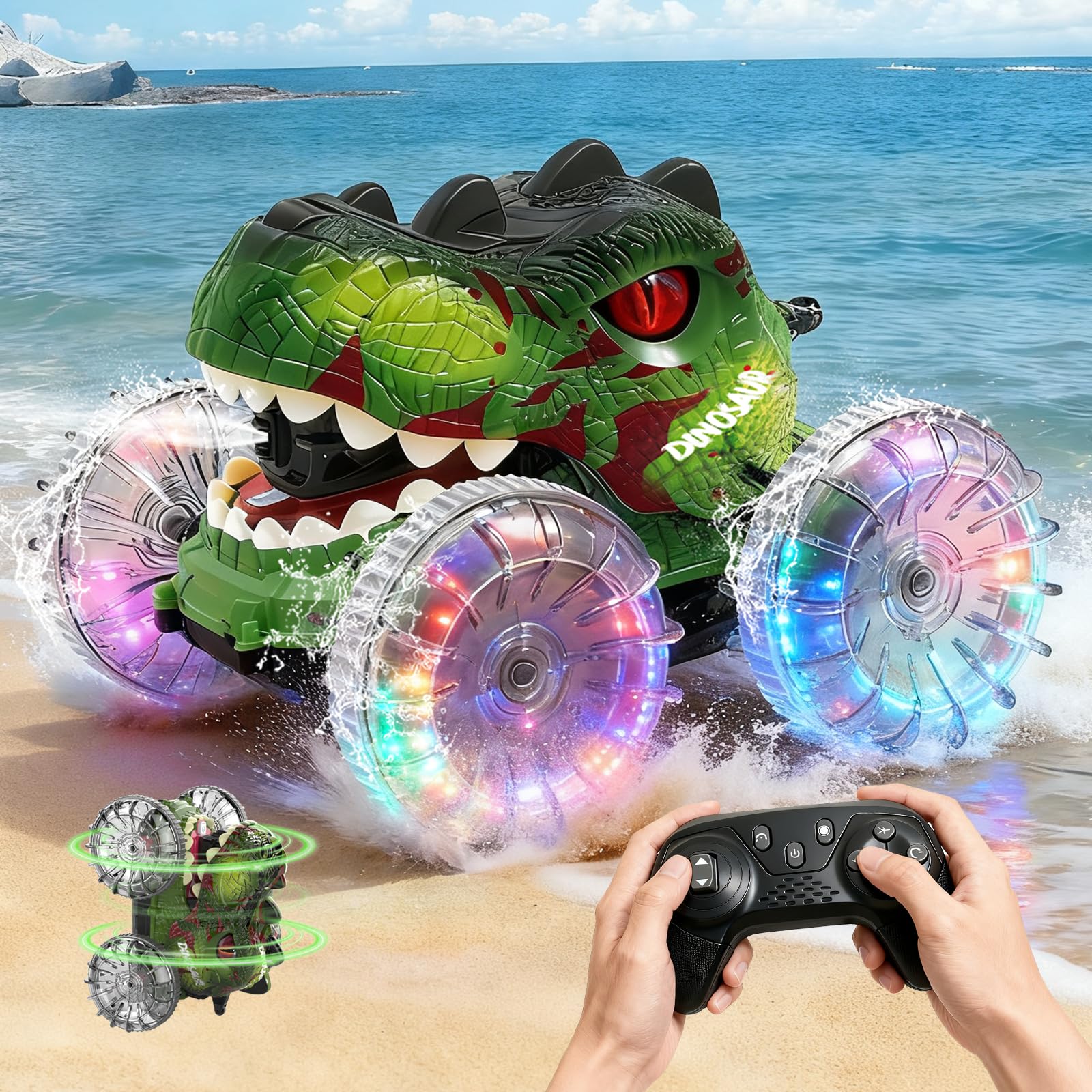 Muakiz Dinosaurier Amphibienfahrzeug Ferngesteuert Auto: 4WD RC Auto mit Wasserpistole - IPX7 Wasserdicht 360°Drehung 2.4GHz - Dino Kinderspielzeug mit ab 6-12 Jahre für Outdoor, Geburtstagsgeschenk