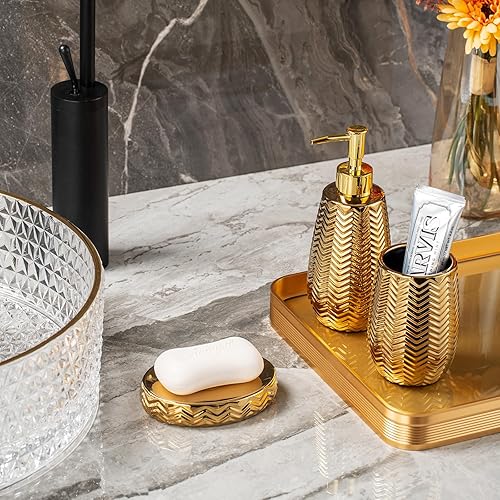 Miniatura 4 de Accesorios de baño dorados 3 piezas de accesorios de baño elegantes, dispensador de jabón dorado, bomba dispensadora de jabón, vaso y jabonera,