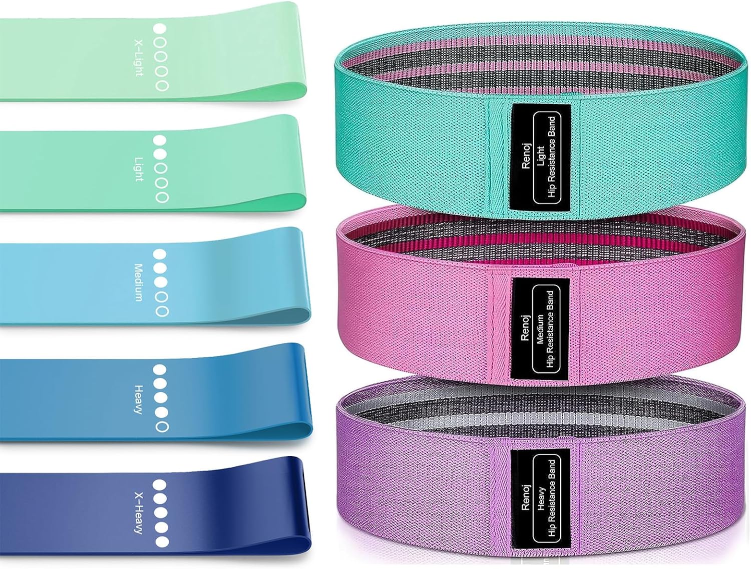 Bundle Set of 8 Resistance Bands for Workout, 5 Latex Exercise Bands and 3 Fabric Booty Bands with 2 Portable Bags