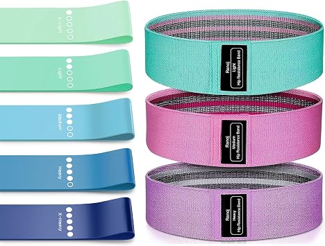 Bundle Set of 8 Resistance Bands for Workout, 5 Latex Exercise Bands and 3 Fabric Booty Bands with 2 Portable Bags