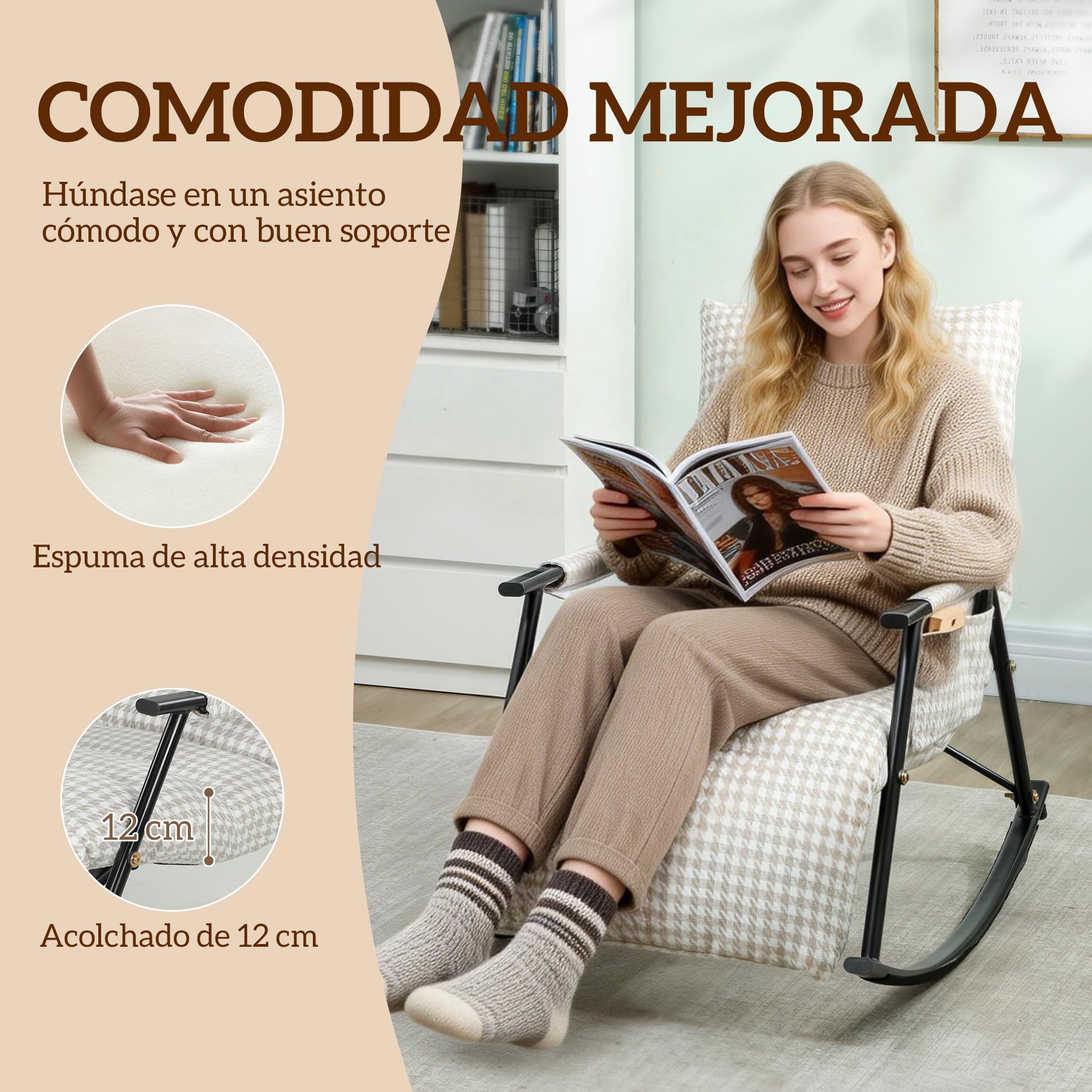 HOMCOM Silla Mecedora con Respaldo y Reposapiés Ajustables, Mecedora Sillón Balancín 105°, Tapizada en Lino, con Bolsillo Lateral y Marco de Metal, Carga 120 kg, para Dormitorio, Salón, Gris y Blanco