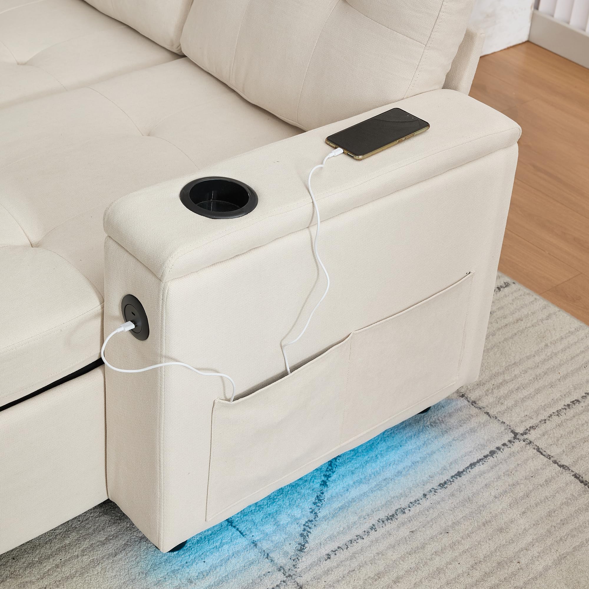 Merax Ecksofa mit Schlaffunktion & Bettkasten, L-Form Polstersofas mit LED, 3-Sitzer Ausziehbares Schlafsofa, Klappsofa mit Ladefunktion & Getränkehaltern, Polstermöbel für Wohnzimmer, Wohnung, Beige