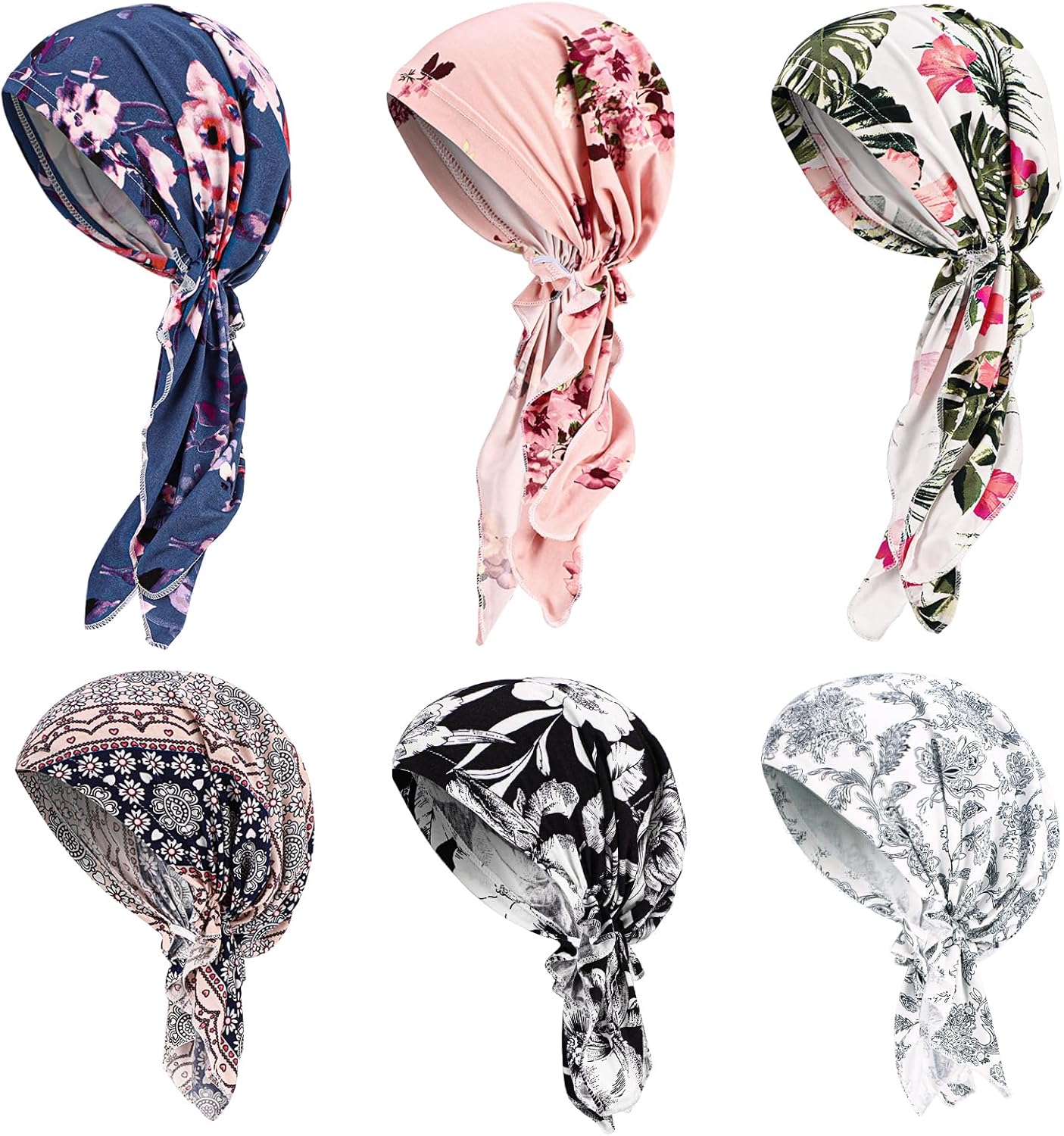 6 Pcs Chemo Headwear for Women, Pre Tied Caps Stretch Hat Turban Sleep Headwraps for Patient Hair Loss