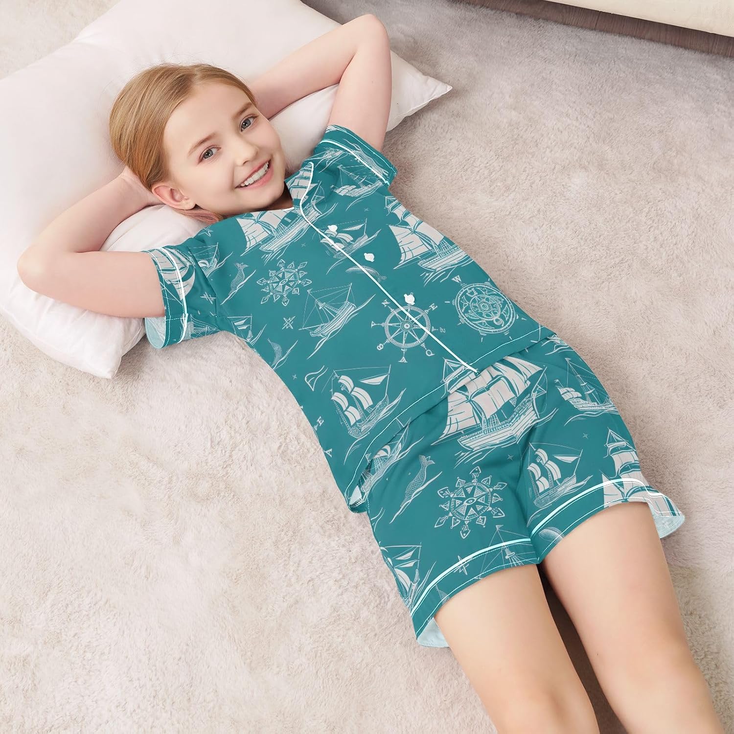 Kids Satin Wear Set Cruiser Rudder Pentagram Pattern Relaxed Fit Clothing Short Sleeve and Shorts