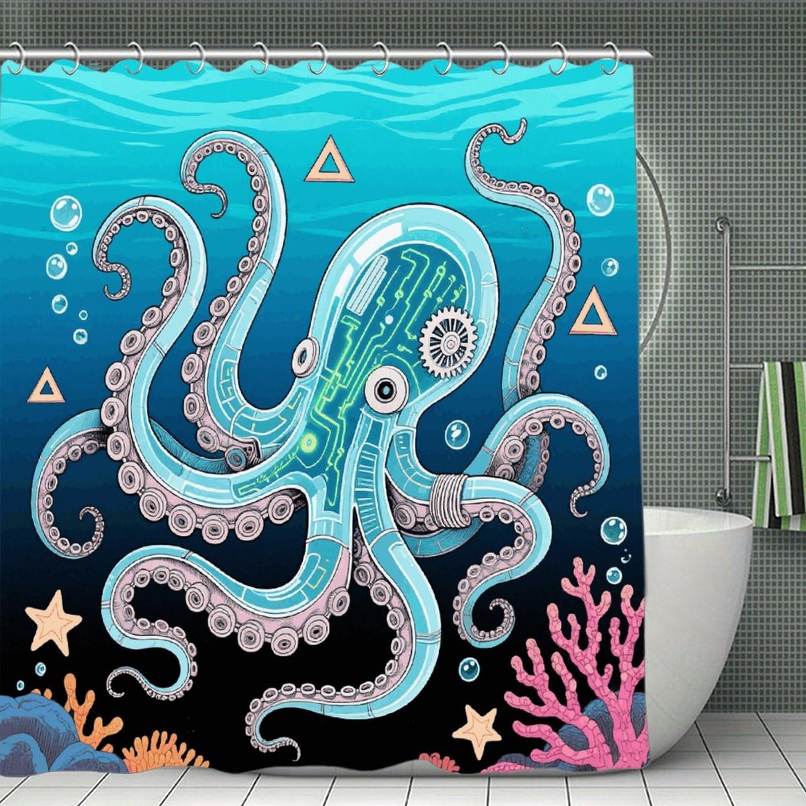 VstaDank Mechanical Octopus Shower Curtain Waterproof Bathroom Shower Curtain with C Type Hooks Soft Lightweight Shower Curtains Liner Washable Polyester Cloth Shower Liner 71x71 Inch