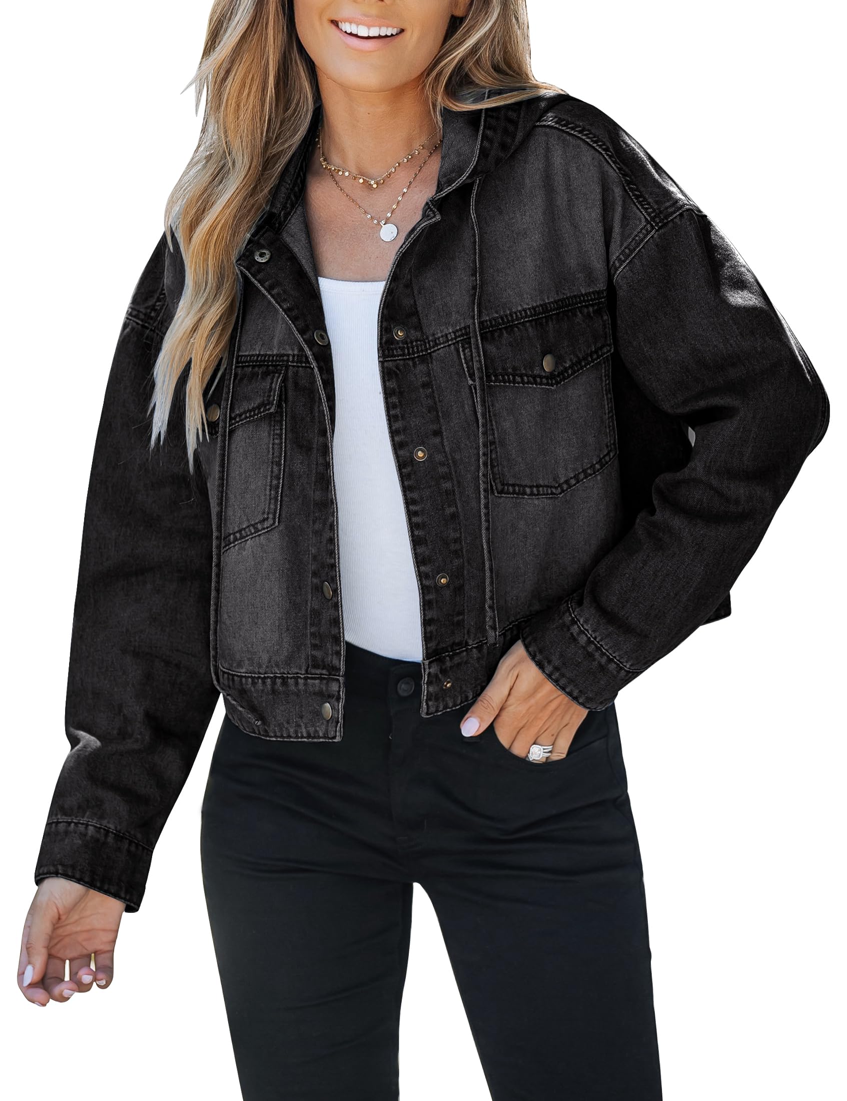 luvamiaDenim Jacket for Women Hooded Lightweight Cropped Jean Jacket Oversized Button Down Shacket Trendy Fashion