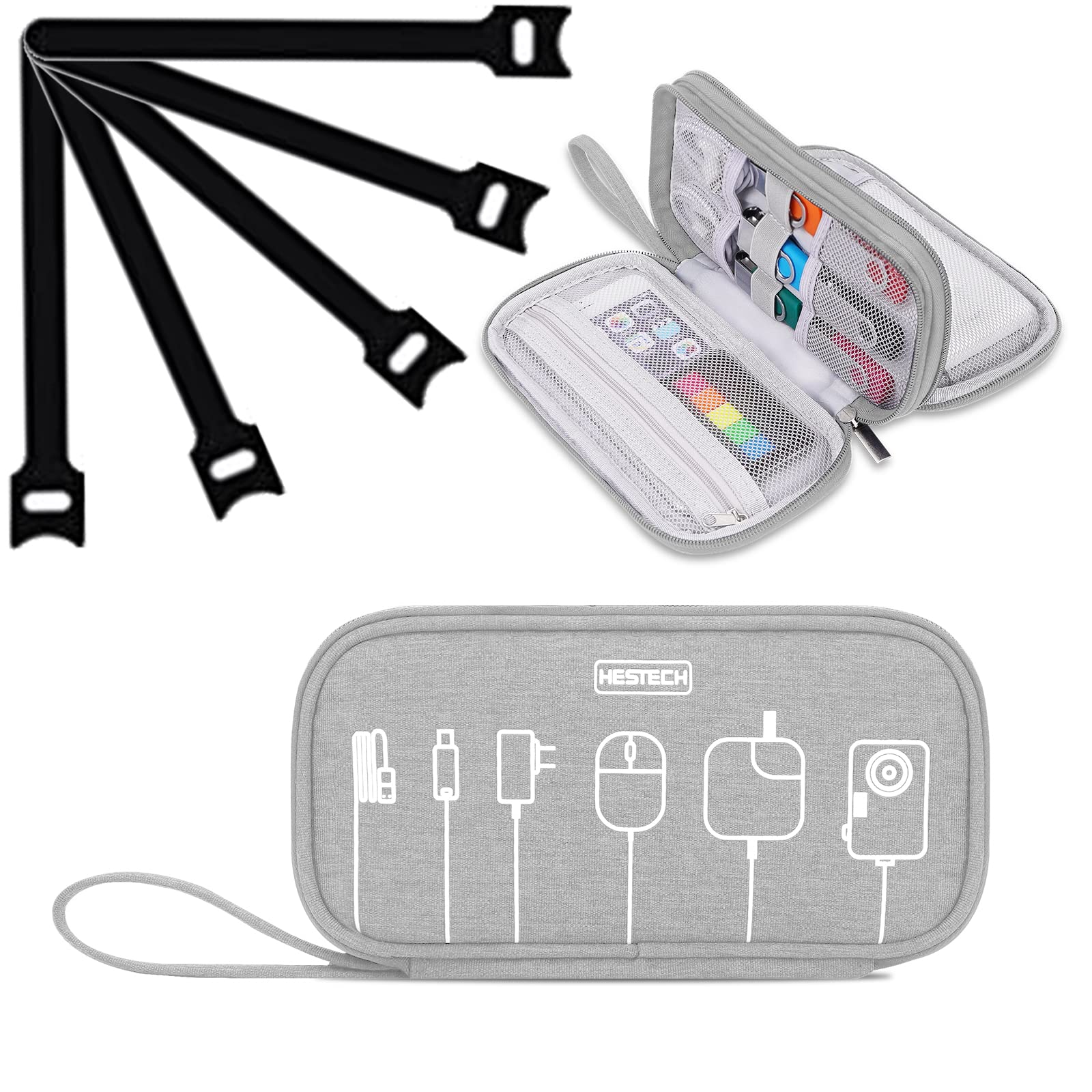 HESTECHElectronics Organizer Travel Small Tech Cord Charger Cable Organizer Case Portable Carry Handle Double Layers Pouch with 5PCS Cables Ties for iPhone Power Bank Hard Drive,Zipper Wallet