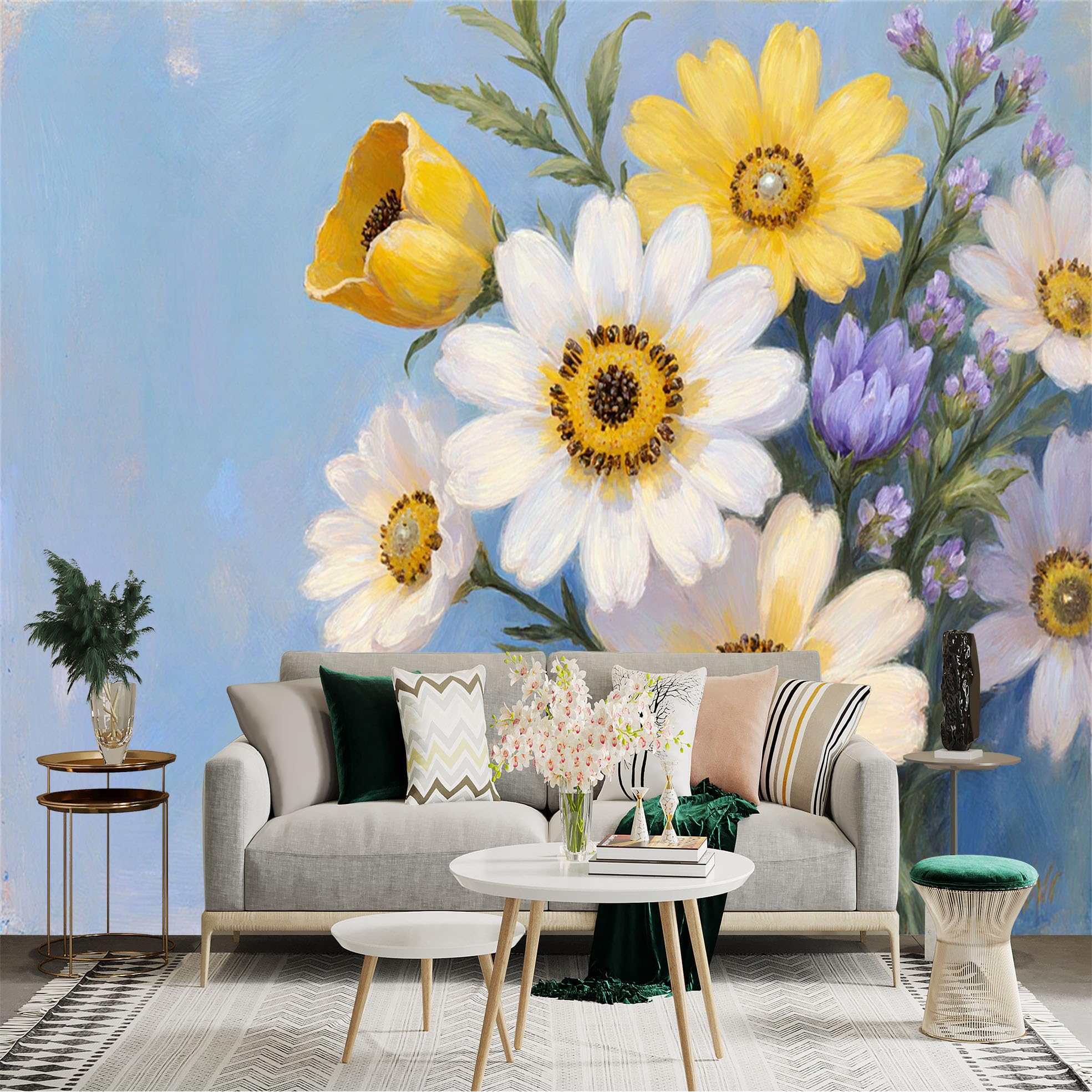 Custom Size Wall Sticker Mural， Impressionist Oil Painting of Yellow and White Daisy Flowers， Rustic Floral Art， for wall Decoration， peelandstick wall Decals.