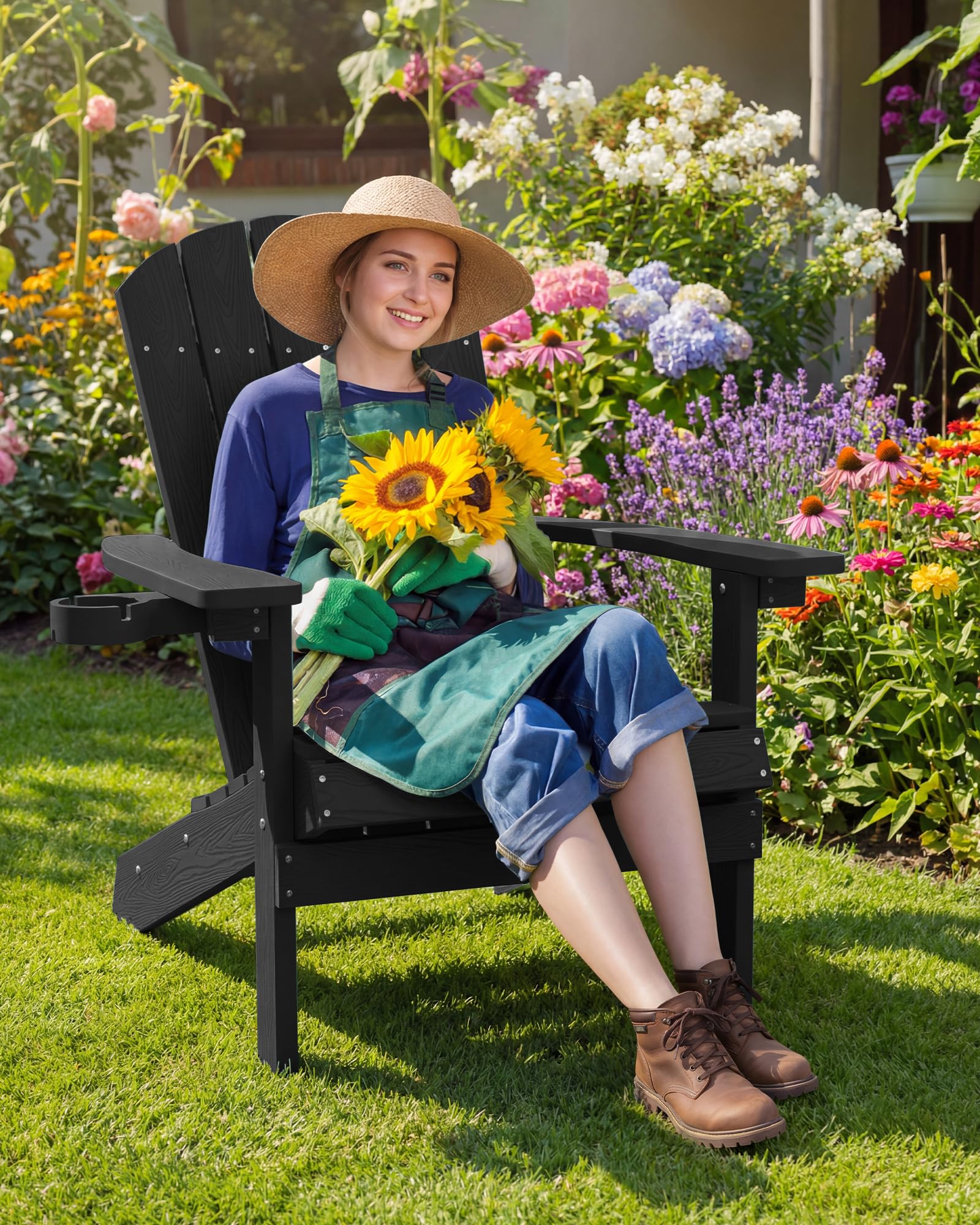 Adirondack Stuhl mit Getränkehalter für Outdoor Garten: Adirondack Chair Kunststoff HIPS Allwetter für Outdoor Stuhl - Adirondack Gartensessel Wetterfest für Balkon/Feuerstelle/Terrasse/Beach(Schwarz)