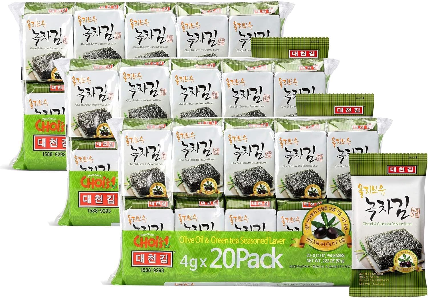 Bocadillo de algas marinas Daechun (Choi's1) (paquete de 60), original, sal marina, té verde en polvo, hoja de nori, producto de Corea
