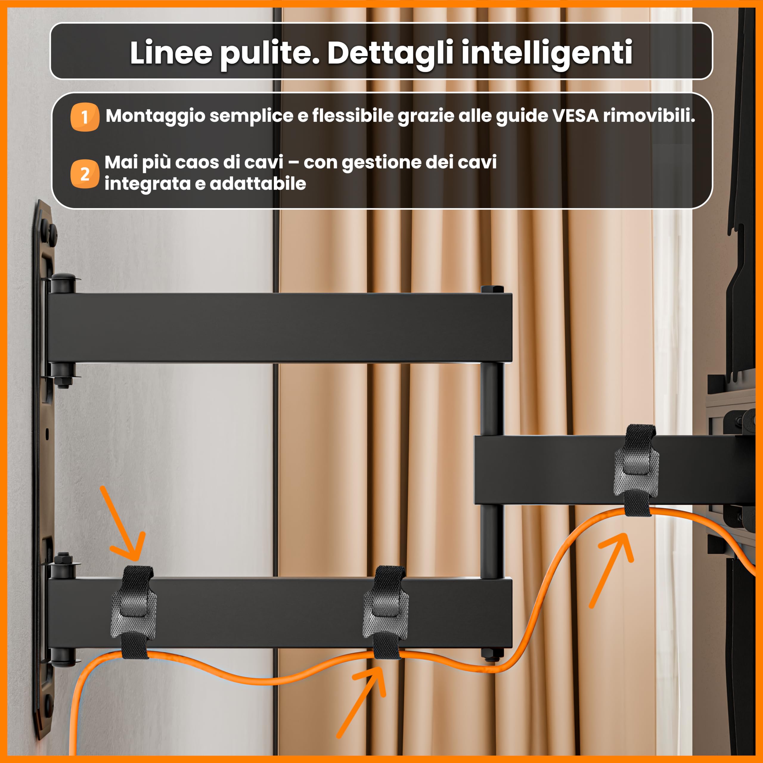 EasyLife TV Supporto da Parete FlexMount E70 Single 37–70 Pollici – Girevole, Inclinabile, Design a 1 Braccio, VESA 600x400, Capacità 35KG – Supporto TV per LED, LCD, OLED, 4K con Gestione Dei Cavi