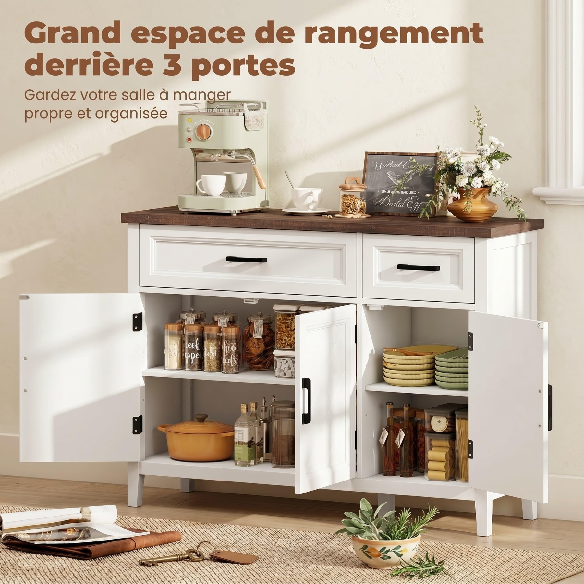 HOMCOM - Aparador para salón (2 cajones, 2 estantes ajustables, 110 x 35 x 80,5 cm), color blanco | Mueble de almacenamiento, 3 puertas de Chevron, estilo rústico, aparador comedor, cocina