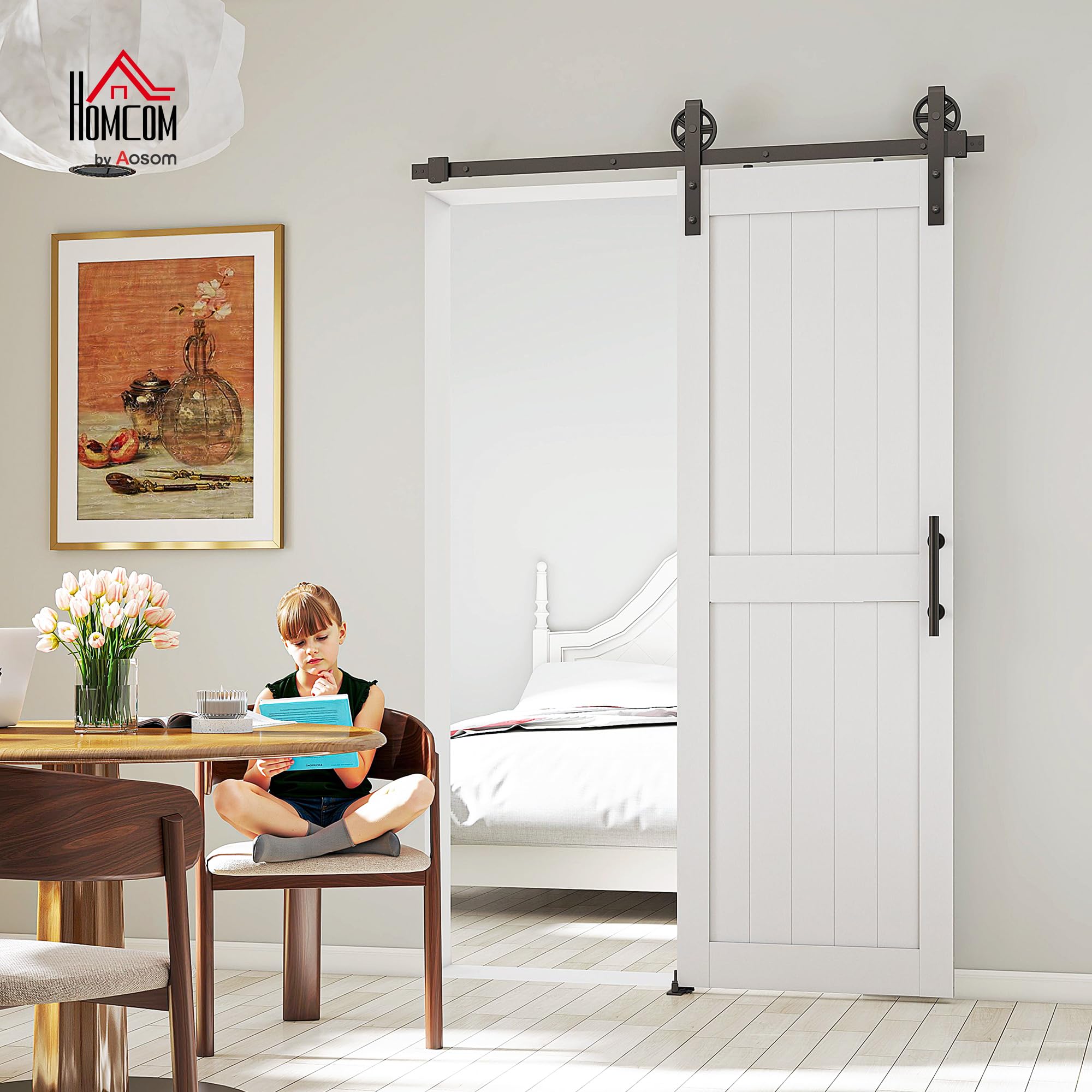 HOMCOM Puerta Corredera de Granero con Herrajes 71,5x213,4 cm Puerta Corredera de Interior con Manija Rodillo y Guía de Suelo Mejorados para Baño Salón Sala de Estar Blanco
