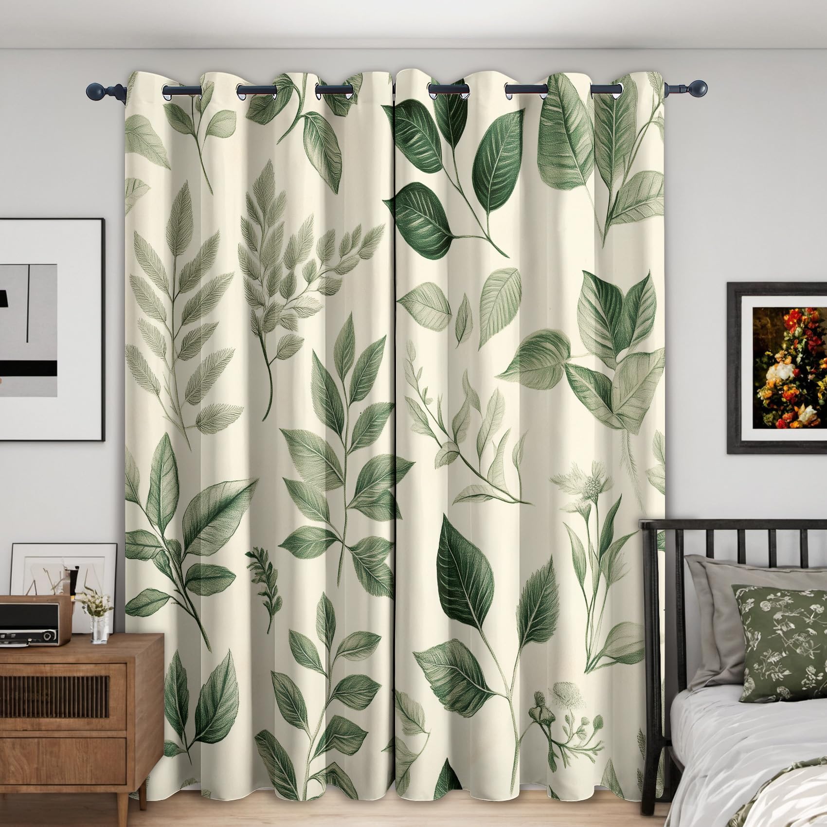 NIYAKA Leaf Curtain Blackout, Green Leaves Curtains 42x54, Living Room & Bedroom Decor Drapes, Thermal Insulated Eyelet Window Treatments 54 Drop, 2 Panels