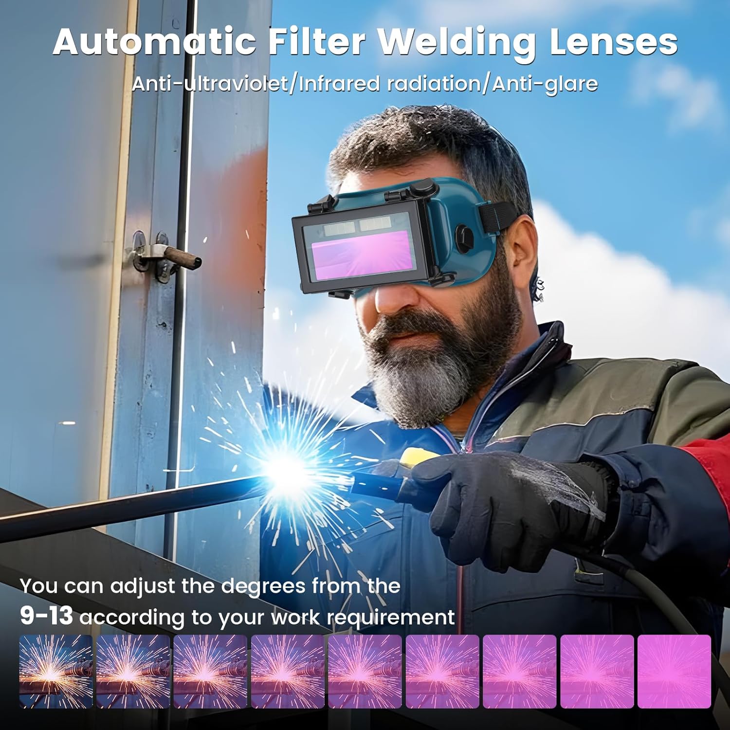 Man welds metal while wearing automatic filter welding lenses.