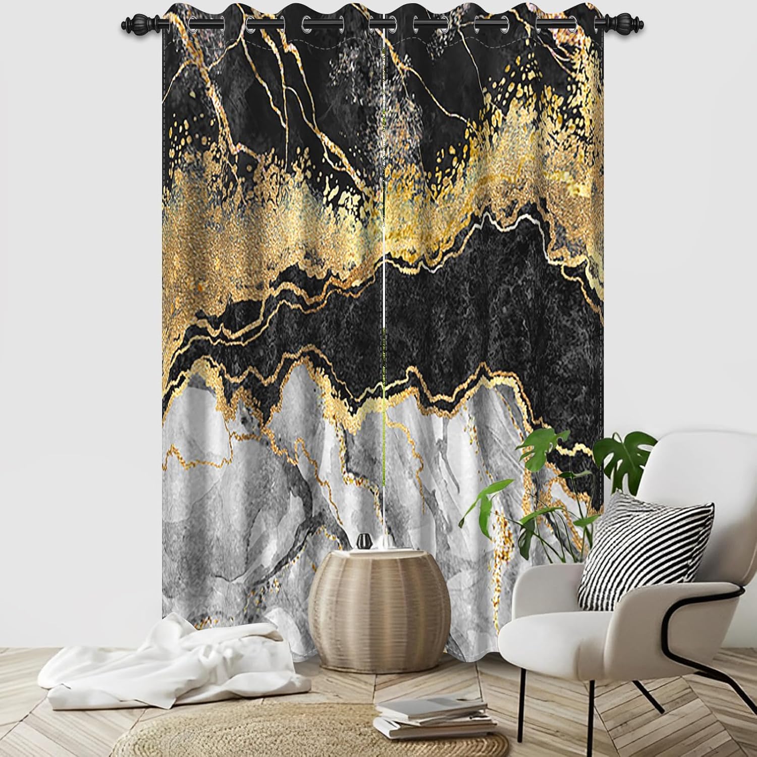 Blackout Curtains Black Grey Gold Marble Window Drapes Fluid Gold Foil Gothic Window Curtains Modern Abstract Art Window Treatments for Youth Living Room Bedroom Kitchen,26x63 inch,2 Panels