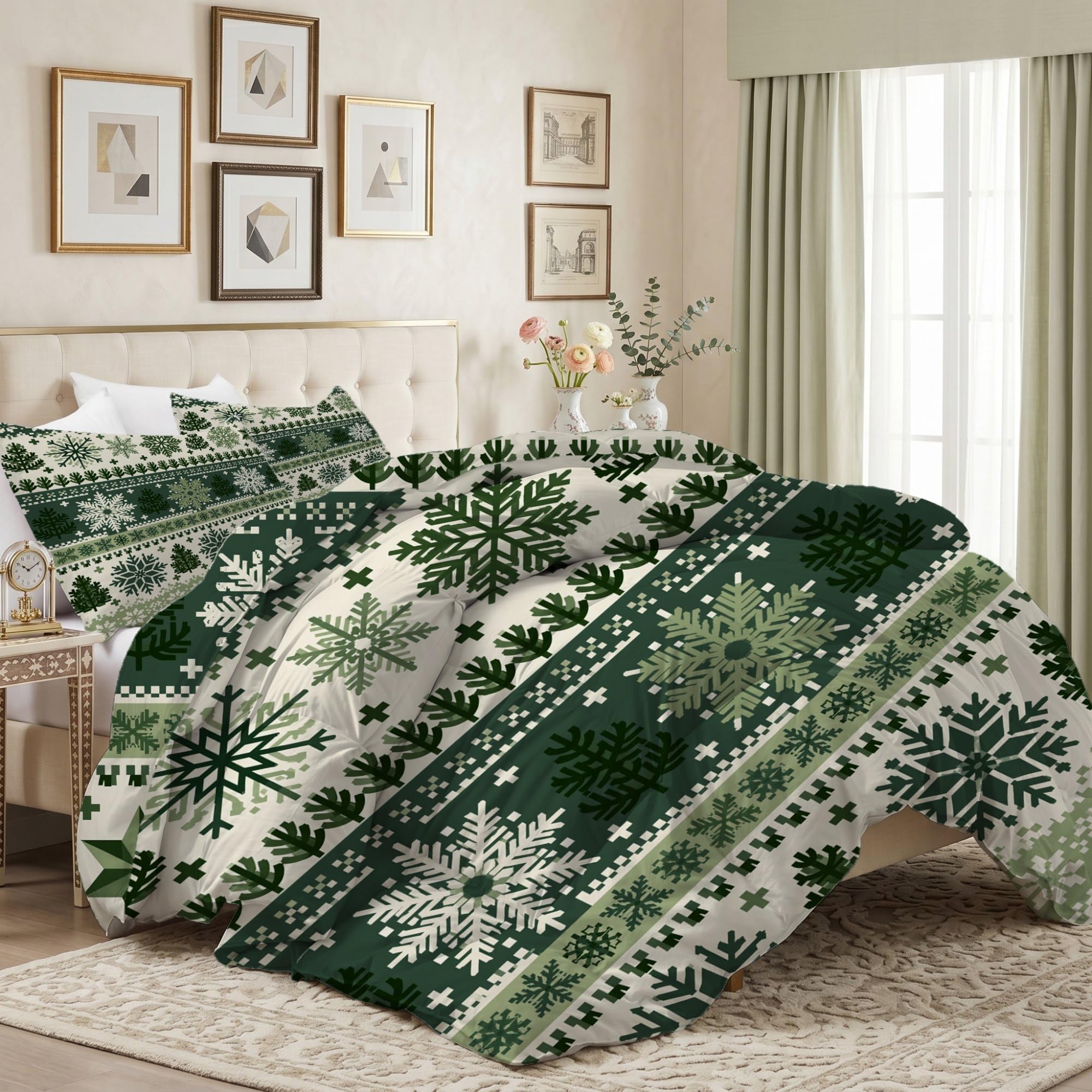 Tradycyjny świąteczny płatek śniegu, choinka, gwiazda, bez poszewki, king size (230 x 220 cm) 4,5 Tog, letnia kołdra z nadrukiem, dwustronny, lekki zestaw pościeli z 2 poszewkami na poduszki (50 x 75