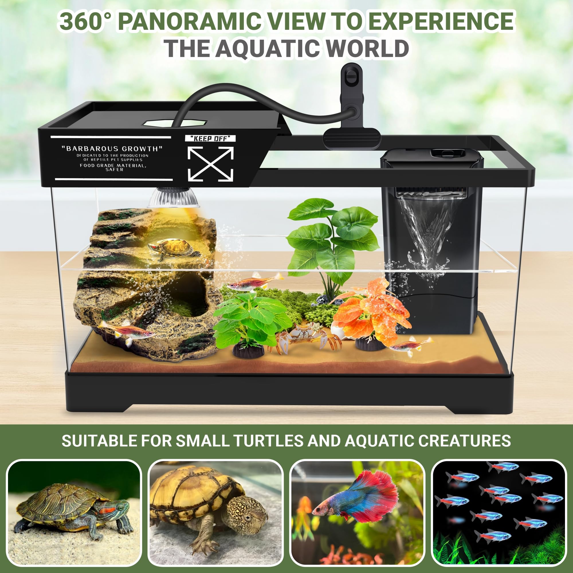 GOZILLA Kit de tanque de tortuga (tanque + lámpara + filtro), kit de inicio de tanque de tortuga de PC con lámpara y filtro ajustables, hábitat de escondite de reptiles con tapa para reptiles pequeños
